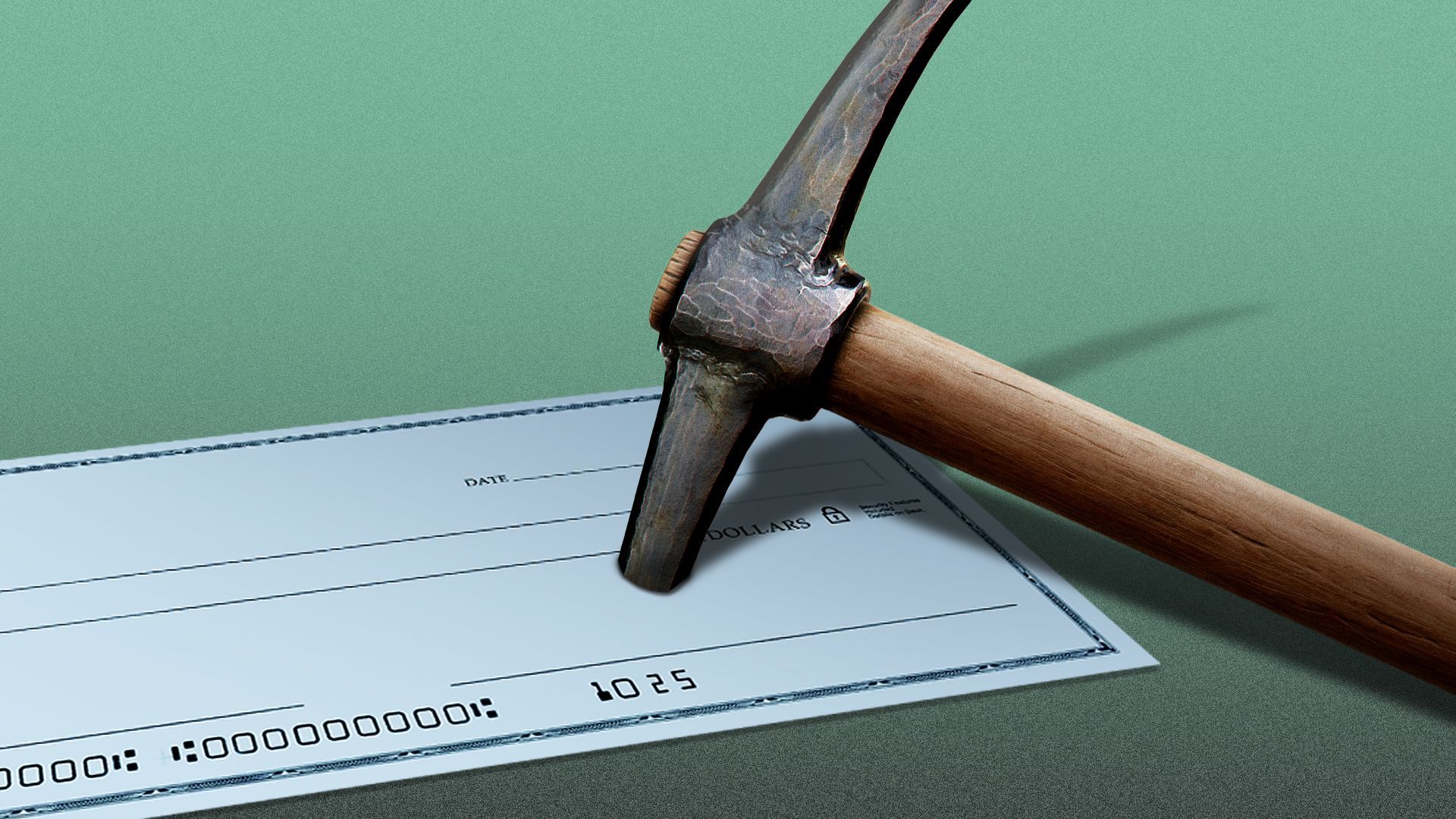 Illustration of a pick axe piercing a check.