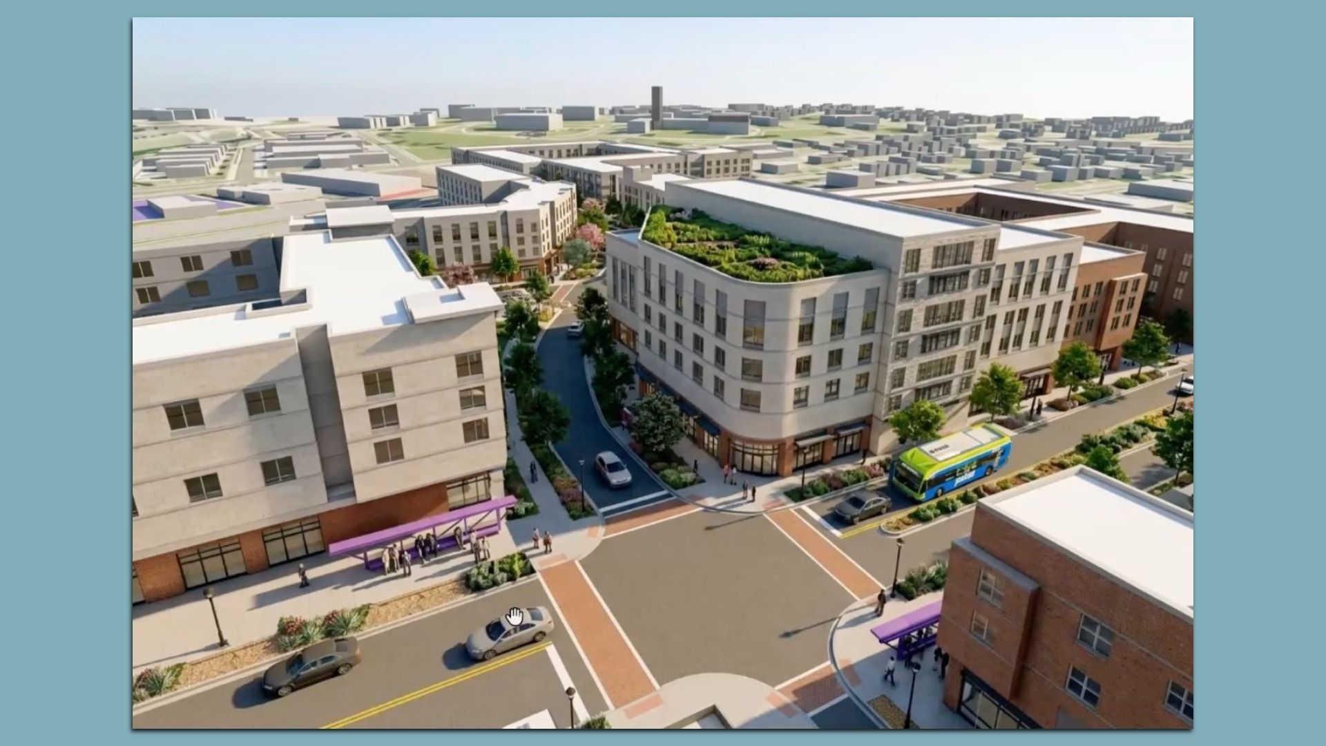 Architectural rendering of a modern urban complex with a curved corner building rooftop garden, surrounding beige mid-rise blocks, tree-lined streets, pedestrians, and a blue bus.