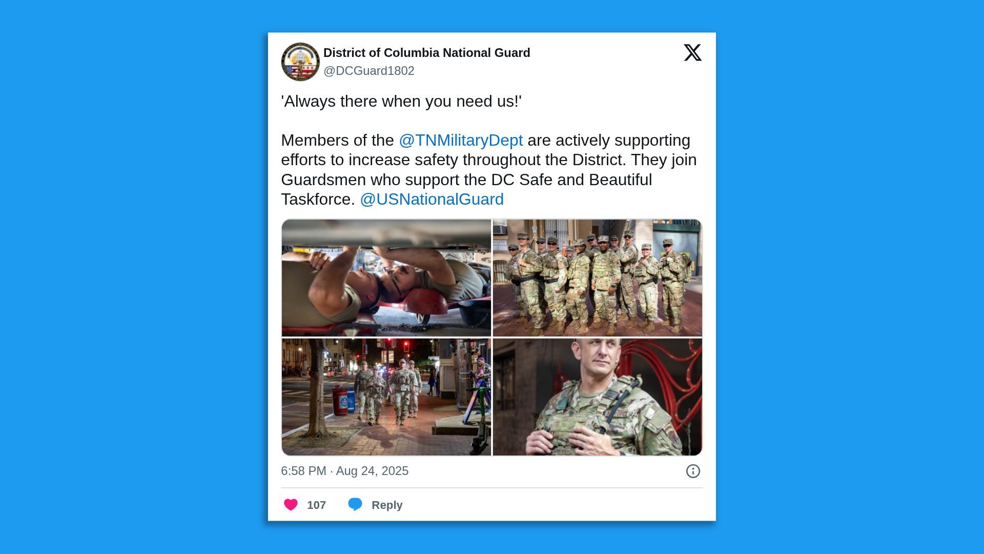 District of Columbia National Guard tweet showing members in uniform fixing a vehicle, standing in formation outdoors, patrolling a city street at night, and a close-up of a soldier adjusting gear.