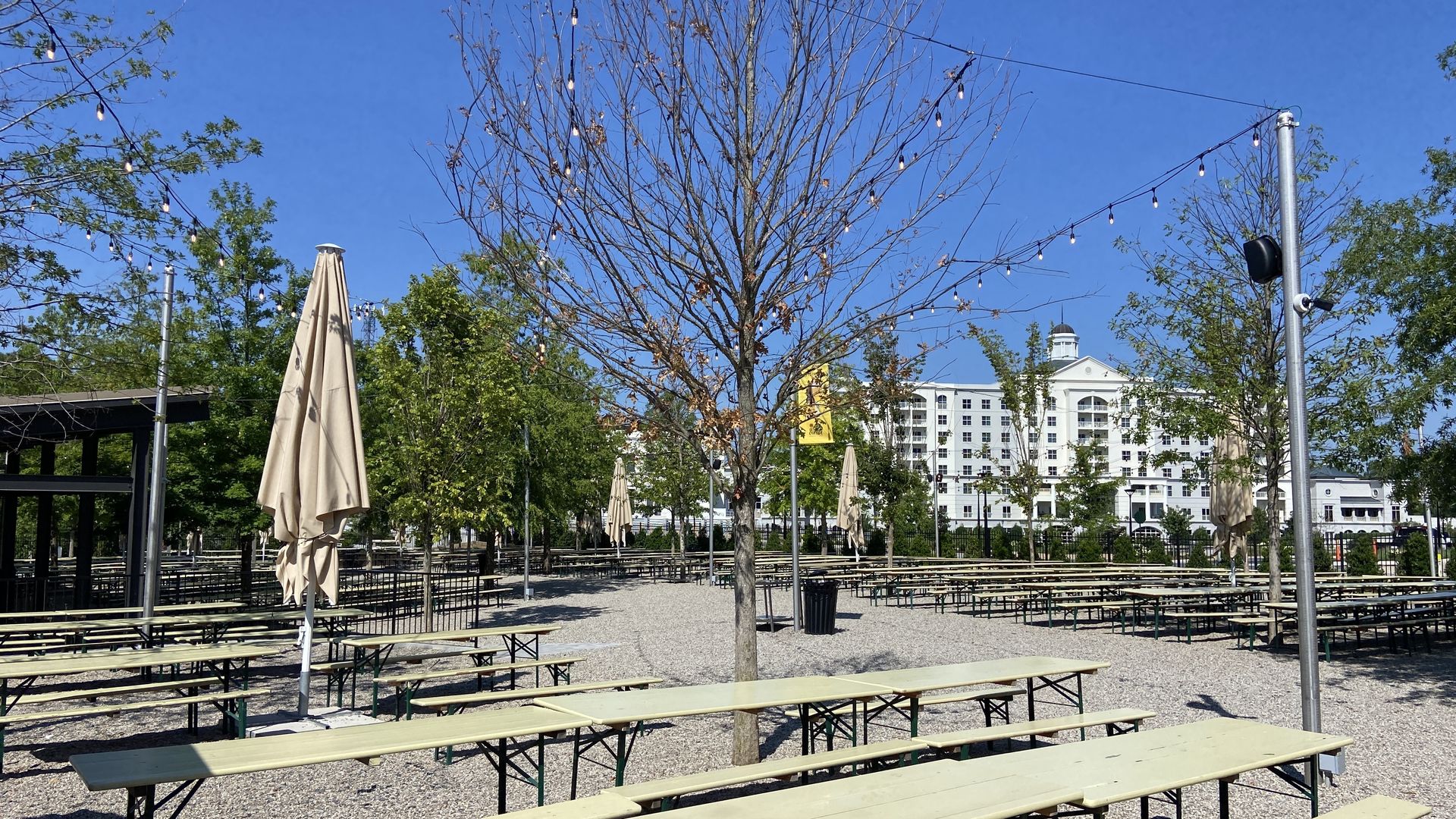 OMB's Ballantyne beer garden with long beige picnic tables, closed beige umbrellas, string lights hanging above, leafless and green trees, and the Ballantyne Hotel in the background under blue sky.
