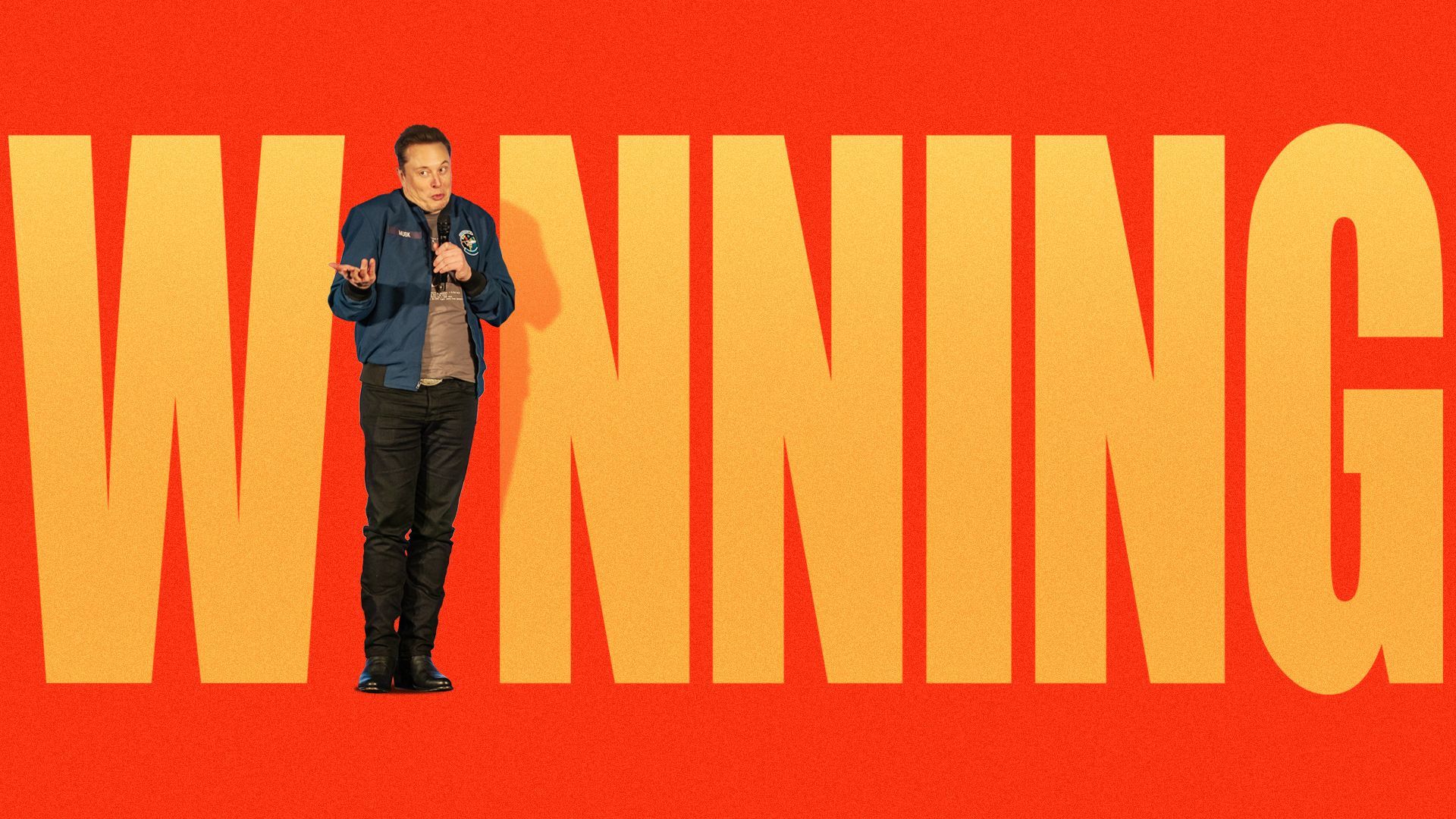 Photo illustration of Elon Musk forming the "I" in the word "winning"