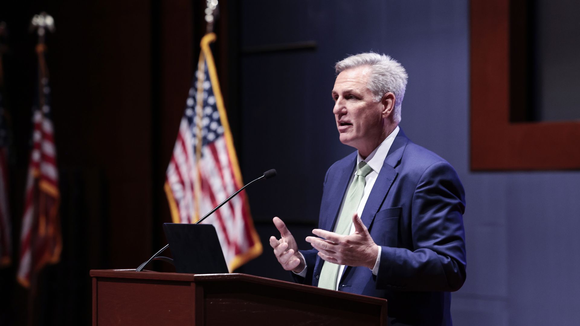ouse Minority Leader Kevin McCarthy (R-CA) delivers remarks during the Fourth Congressional Hackathon in the auditorium of the U.S. Capitol Visitor Center on April 06, 2022