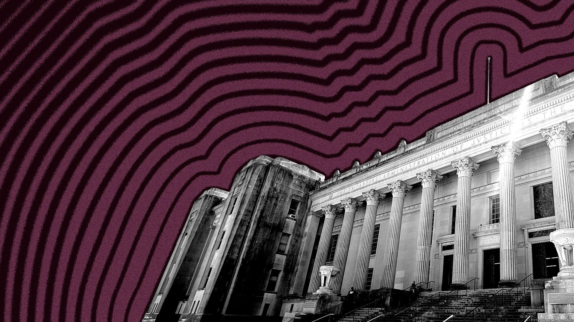 Photo illustration of Orleans Parish Criminal District Court with lines radiating from it.