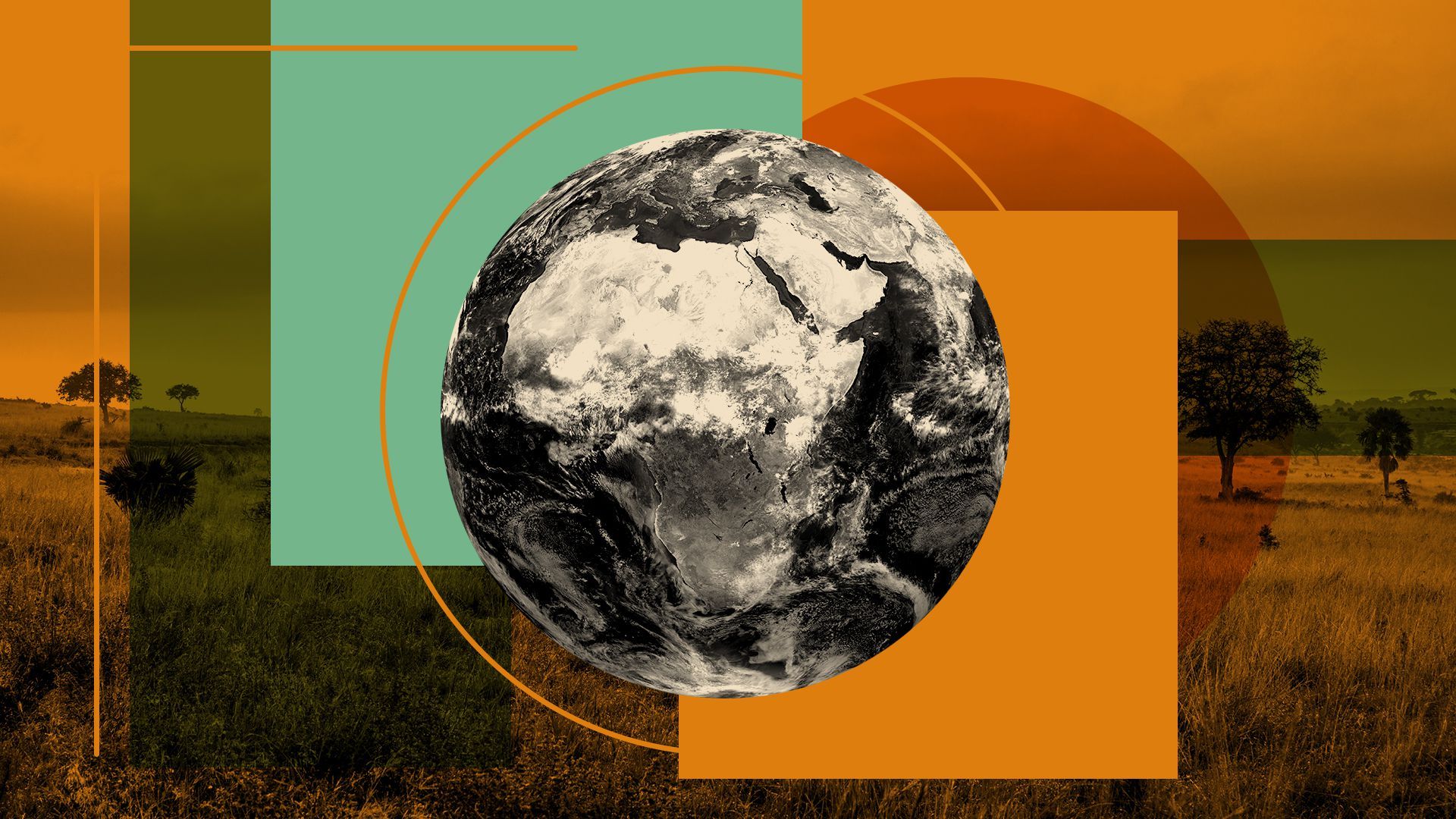 Illustration collage of a globe turned towards Africa, in front of an image of Murchison Falls National Park in Uganda, as well as graphic shapes.