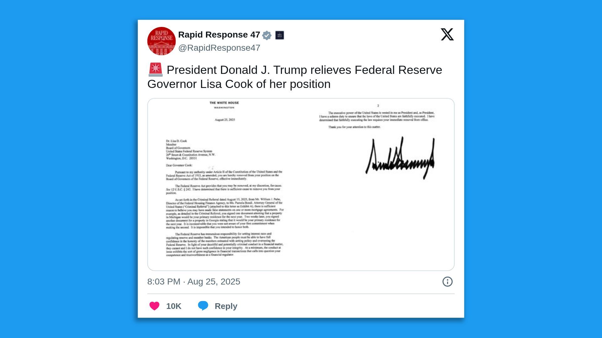 Tweet from Rapid Response 47 with a document image showing President Donald J. Trump relieving Federal Reserve Governor Lisa Cook of her position, dated August 25, 2025.