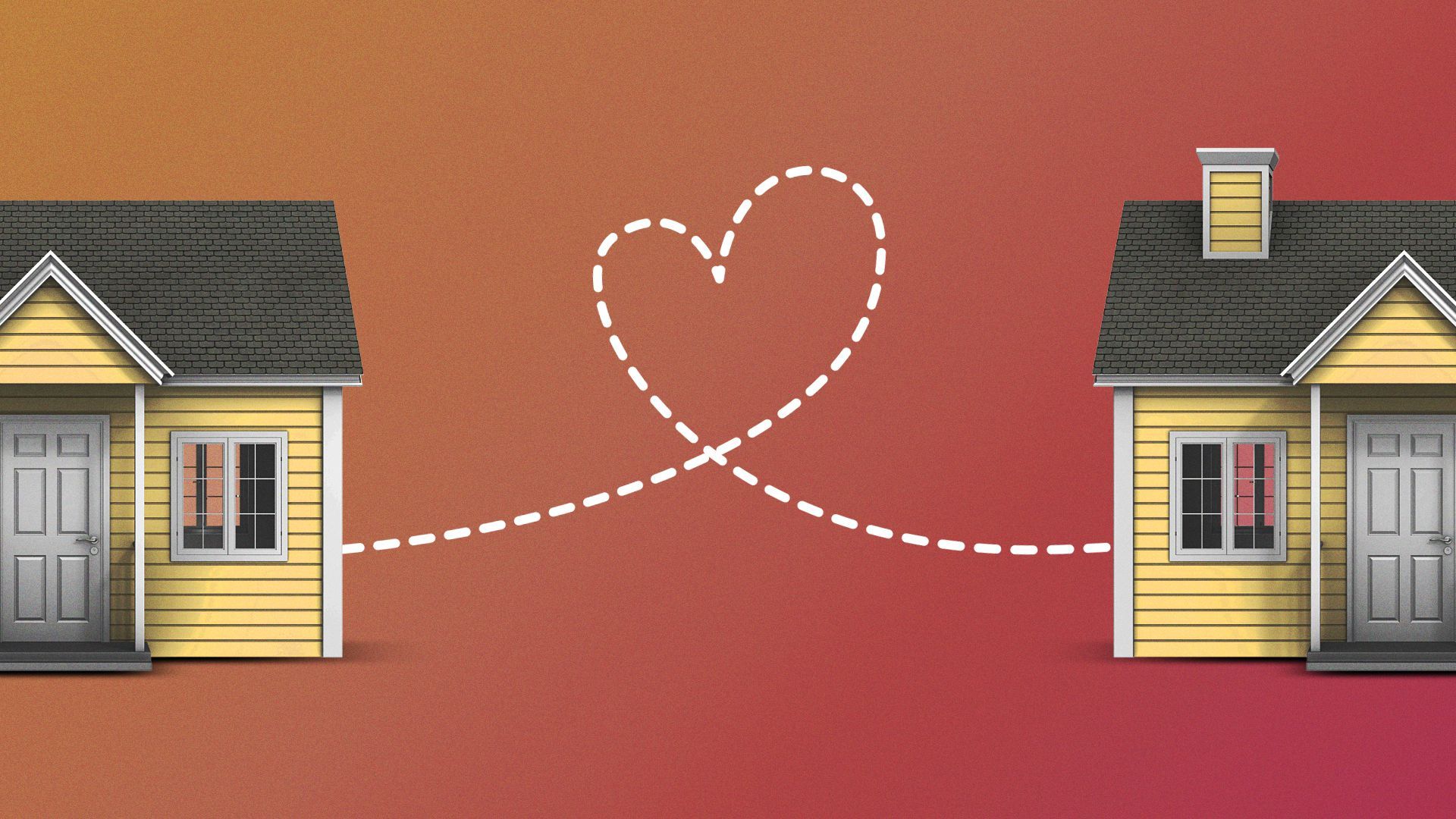 Two houses in a neighborhood connected by a dotted heart. 
