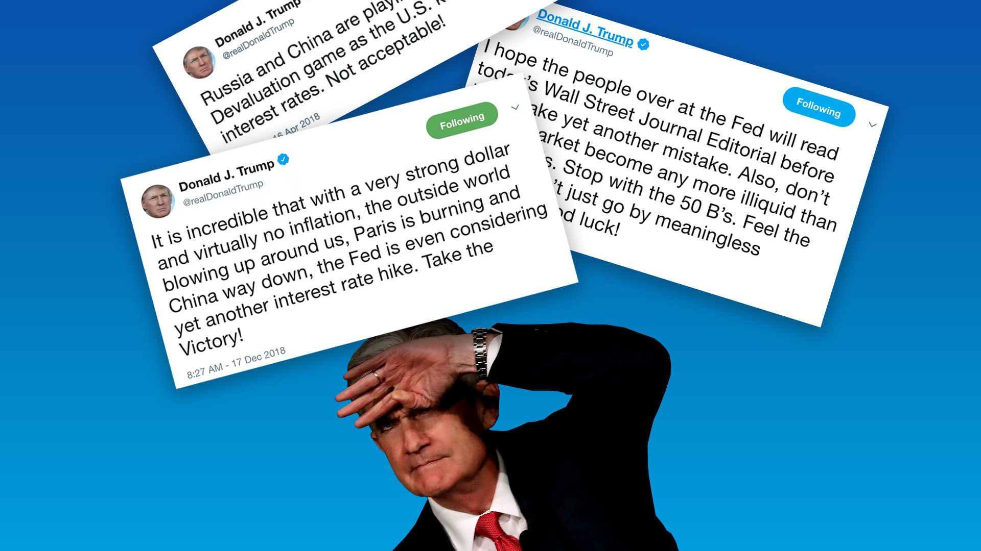 Illustration of President Trump tweets falling on Federal Reserve Chairman Jerome Powell