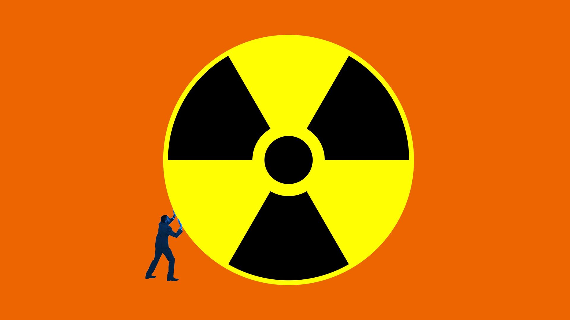 Illustration of a man pushing a nuclear symbol.