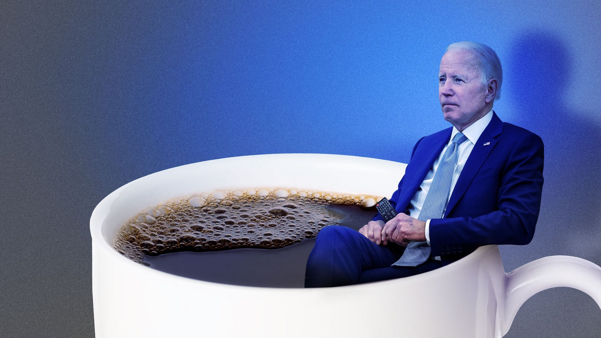 Photo Illustration of Joe Biden sitting in a large cup of coffee with the glow of a screen projected onto him