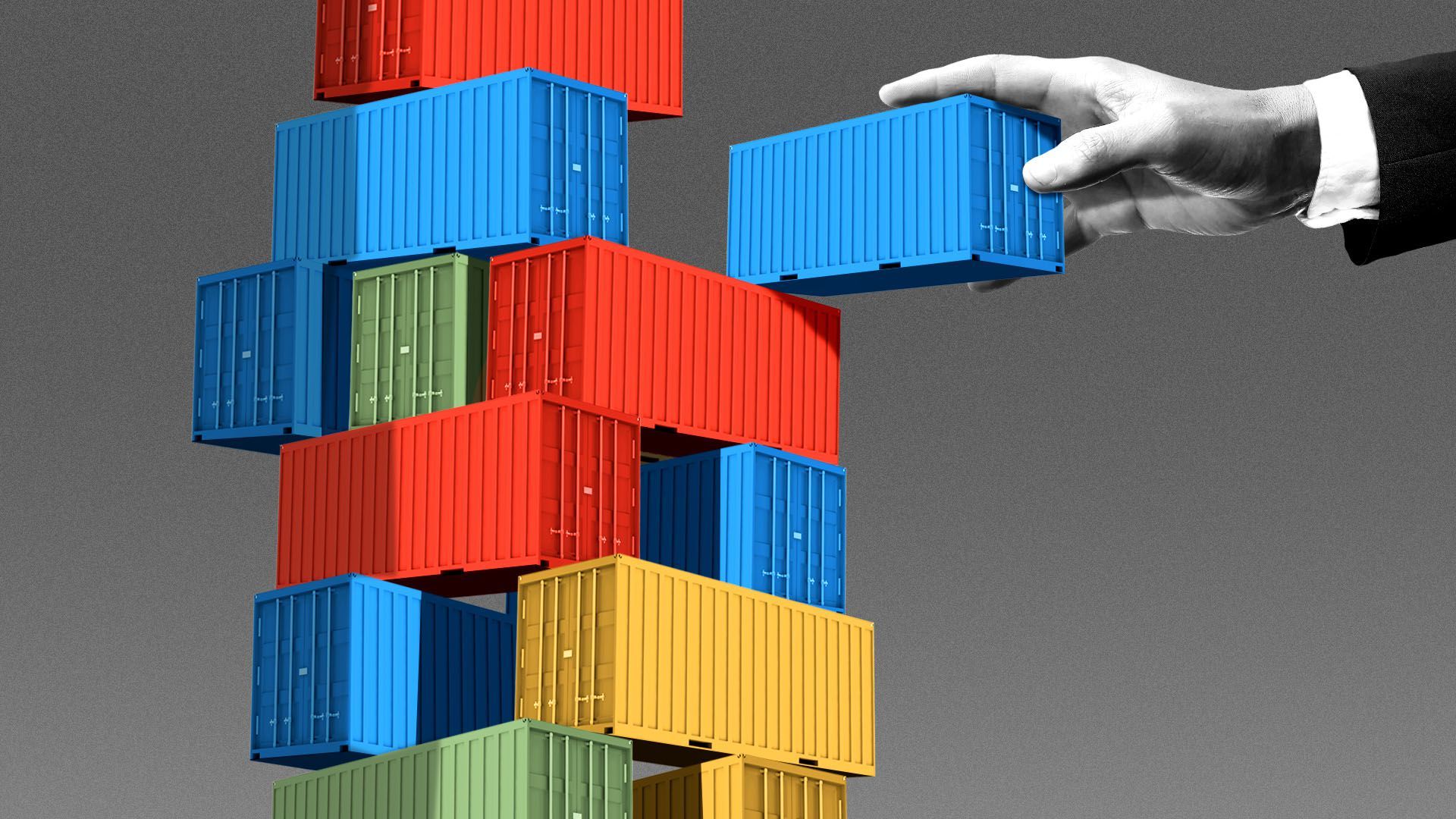 Illustration of shipping containers sacked like Jenga blocks with a hand removing one