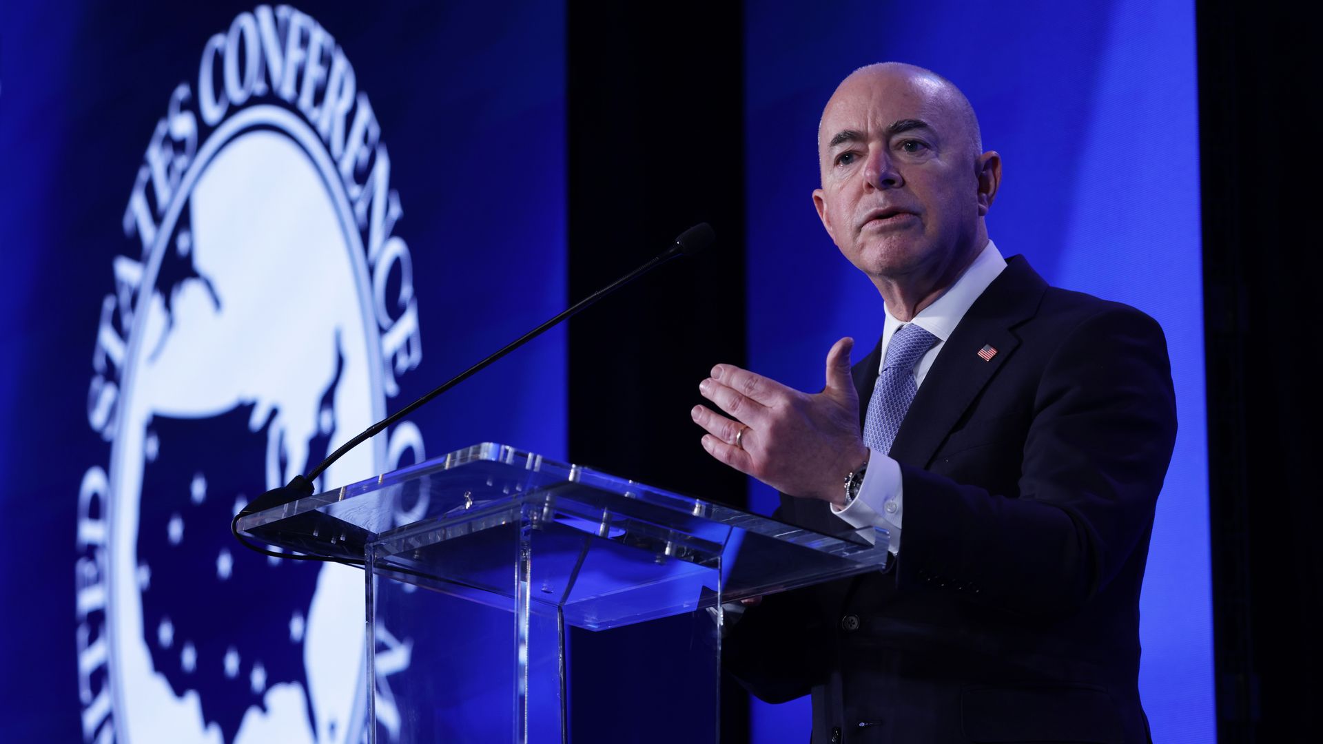 U.S. Secretary of Homeland Security Alejandro Mayorkas speaks during the 90th Winter Meeting of USCM