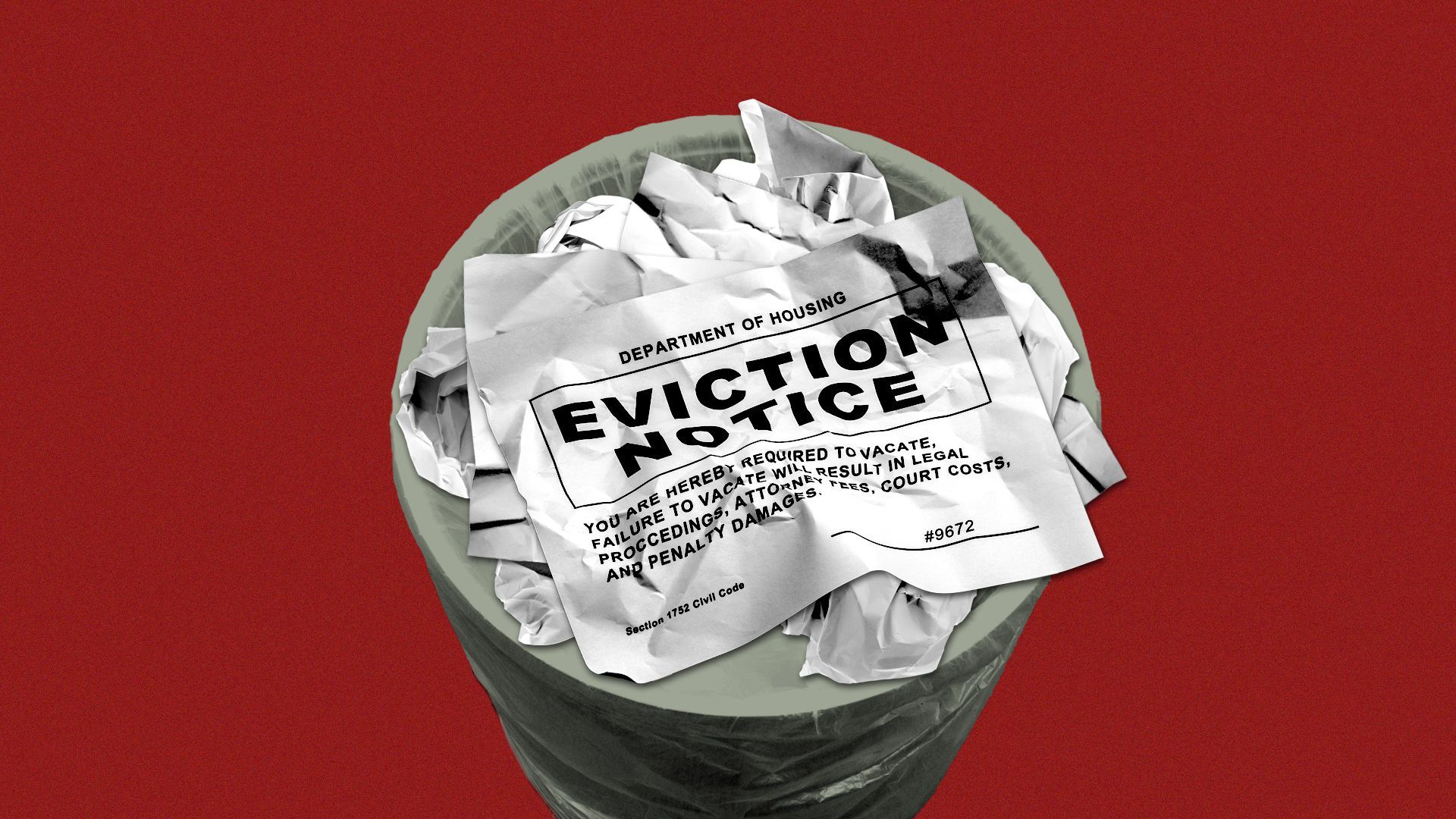 Illustration of a crumpled-up eviction notice in a trash can.