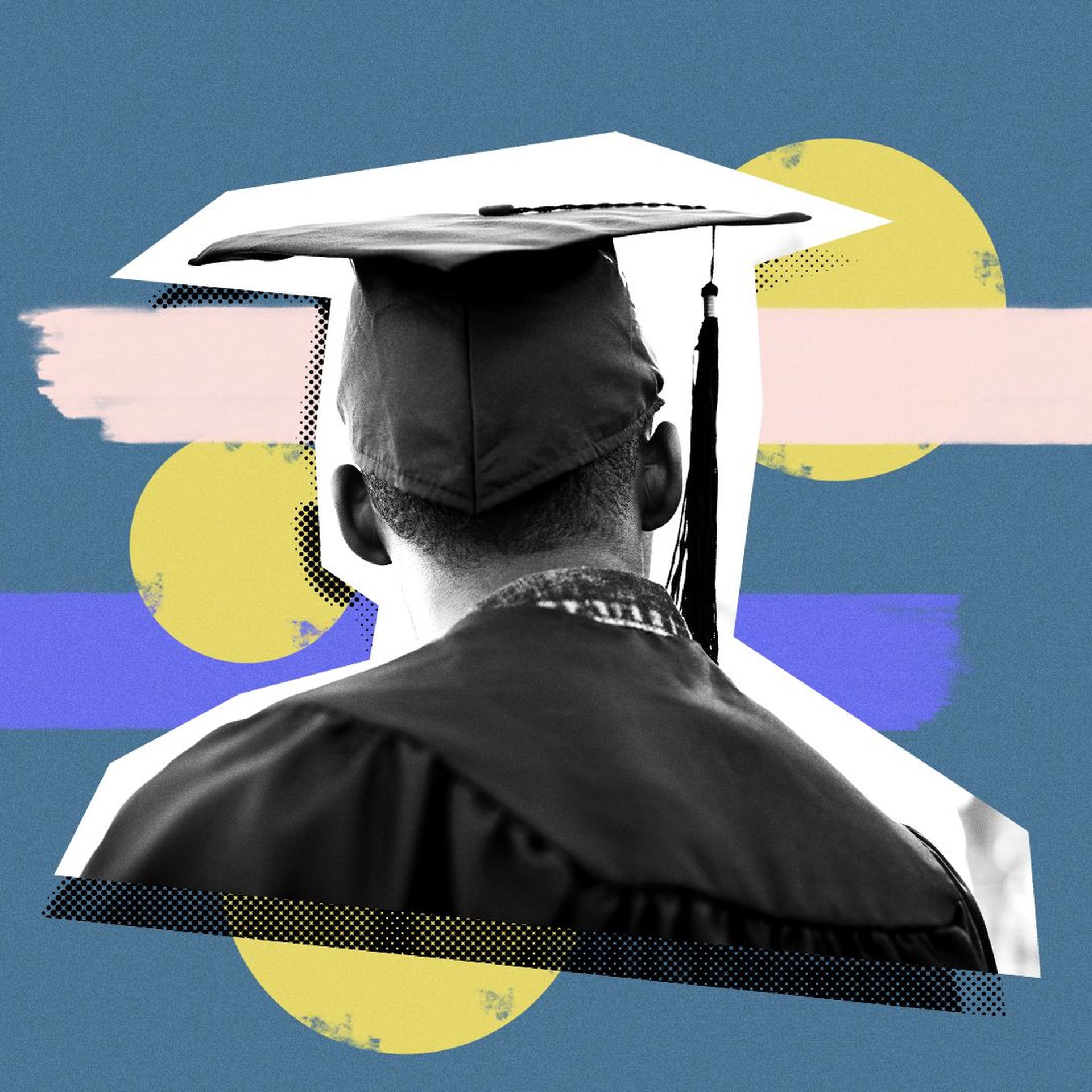 Illustration of a man in a graduation cap and gown from behind
