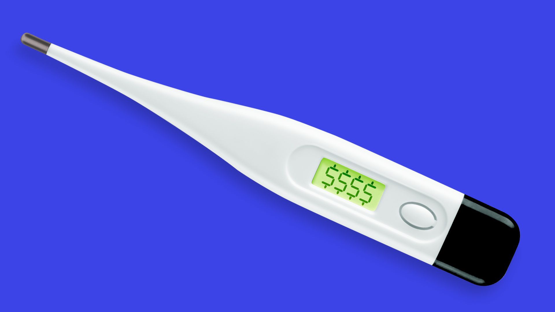 Illustration of a digital thermometer with dollar bill signs on the screen. 