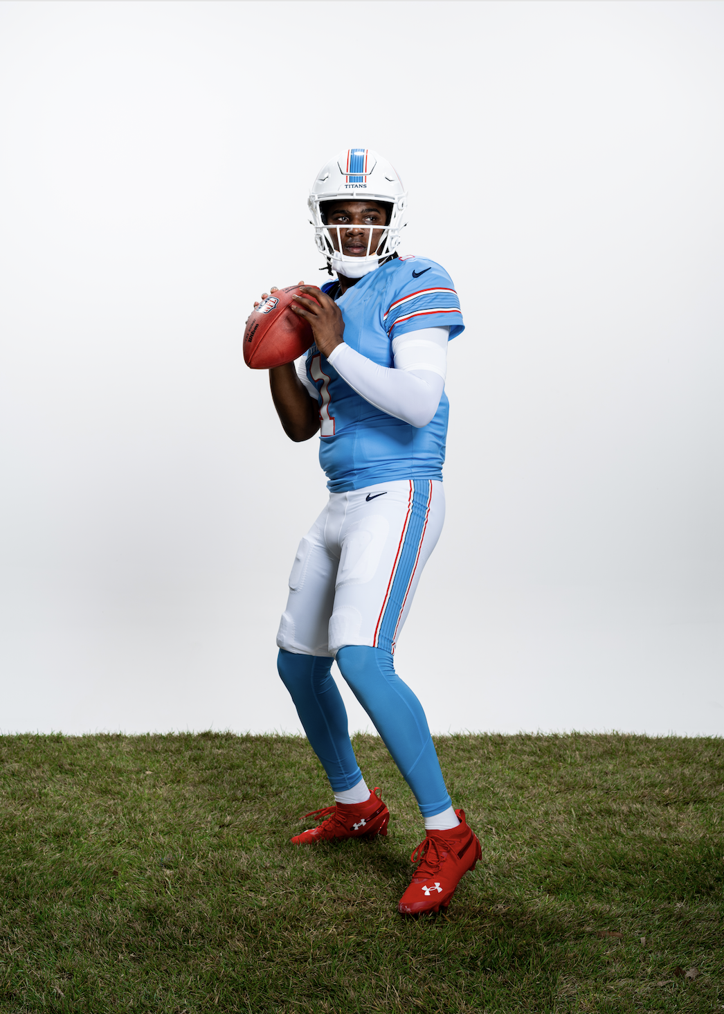 The new Tennessee Titans jersey in light blue with white pants.