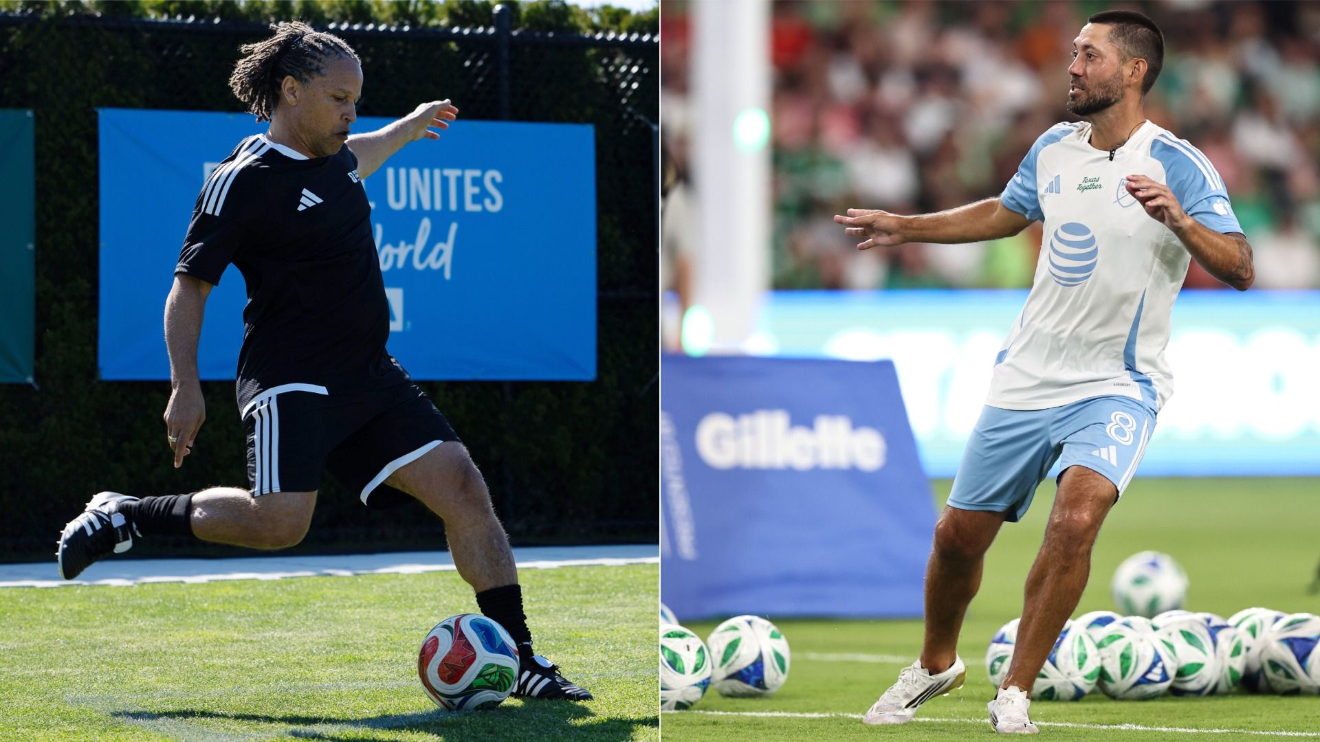 Split-screen image of two soccer players training. Left: man in a black Adidas kit kicking a ball. Right: man in a white and light-blue jersey runs beside many soccer balls.