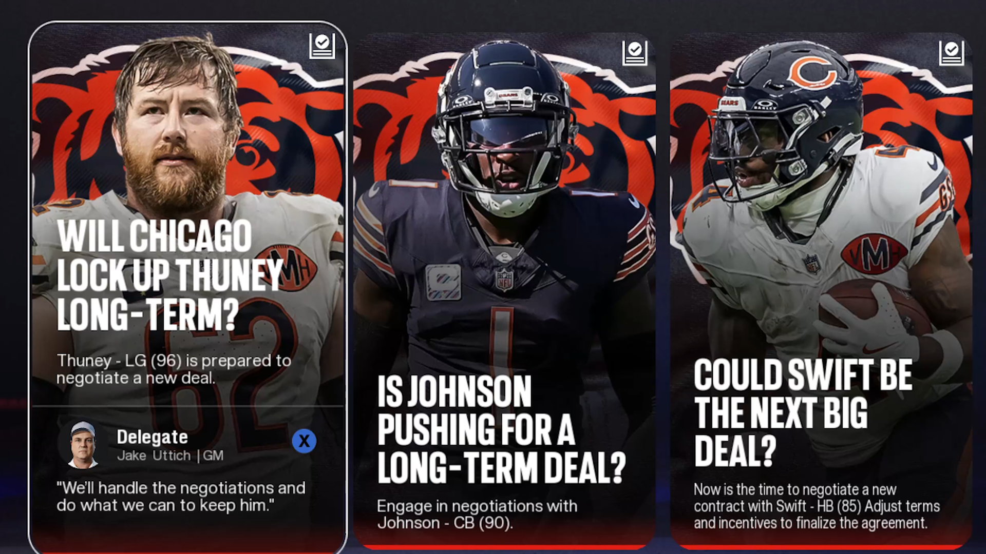 Three Chicago Bears feature cards with bold headlines about Thuney, Johnson, and Swift; players in Bears uniforms stand against a red background with a left card showing a GM quote.