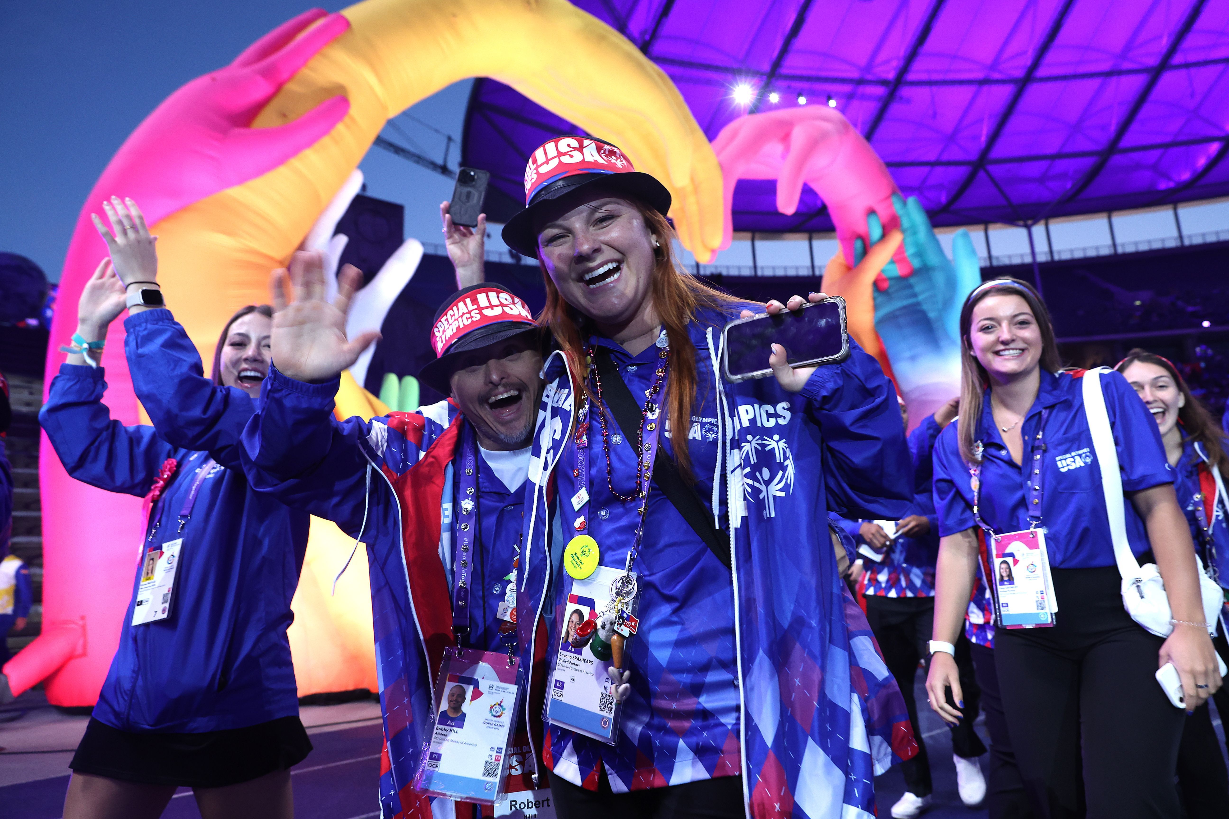 Members of Team USA make their way into the stadium at the parade of athletes during the opening ceremony of the Special Olympics World Games Berlin 2023 on June 17, 2023. 