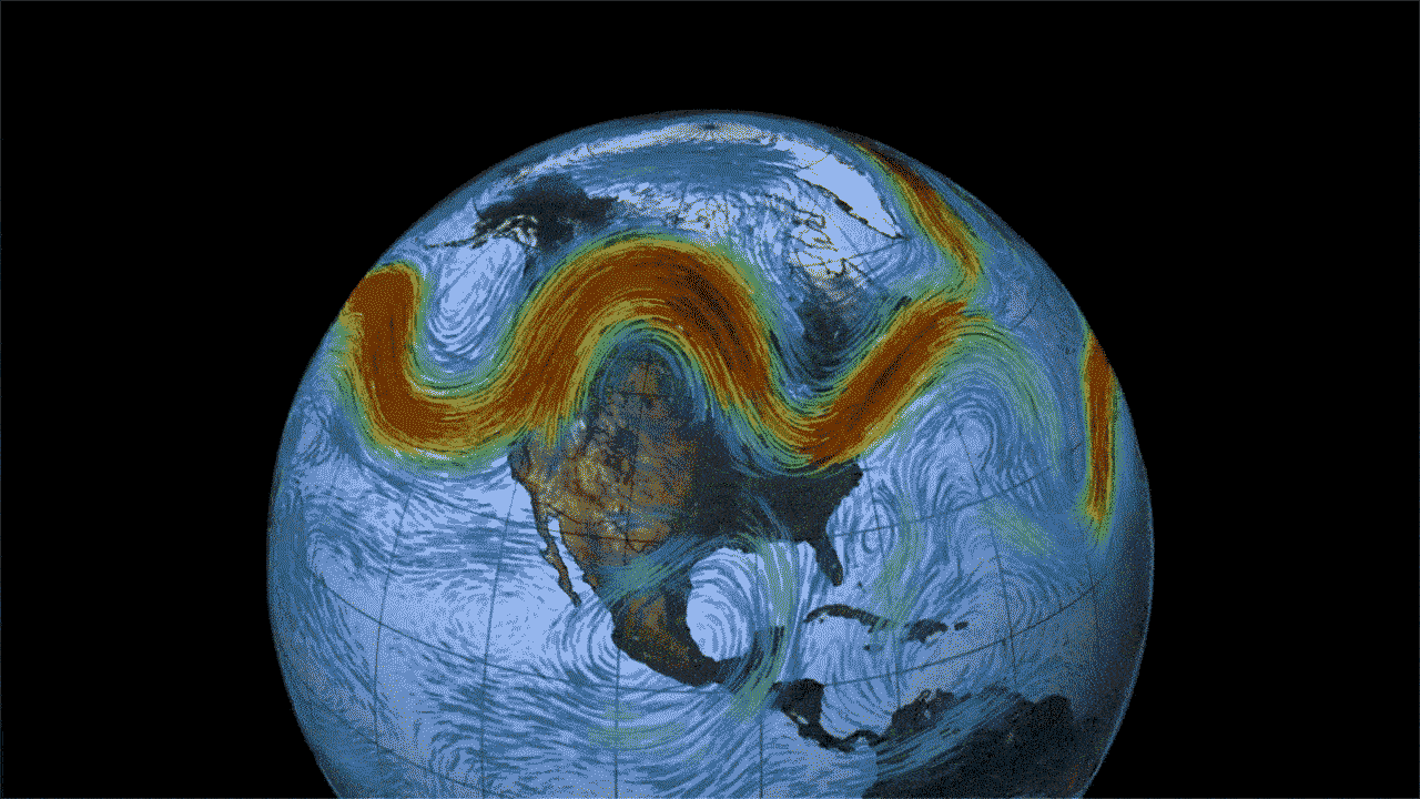 Jet stream Rossby waves move across North America in this NASA simulation.