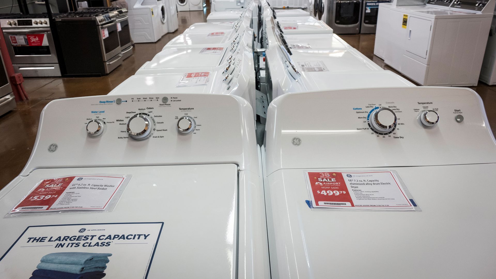 Photo of a row of washing machines at an appliances store