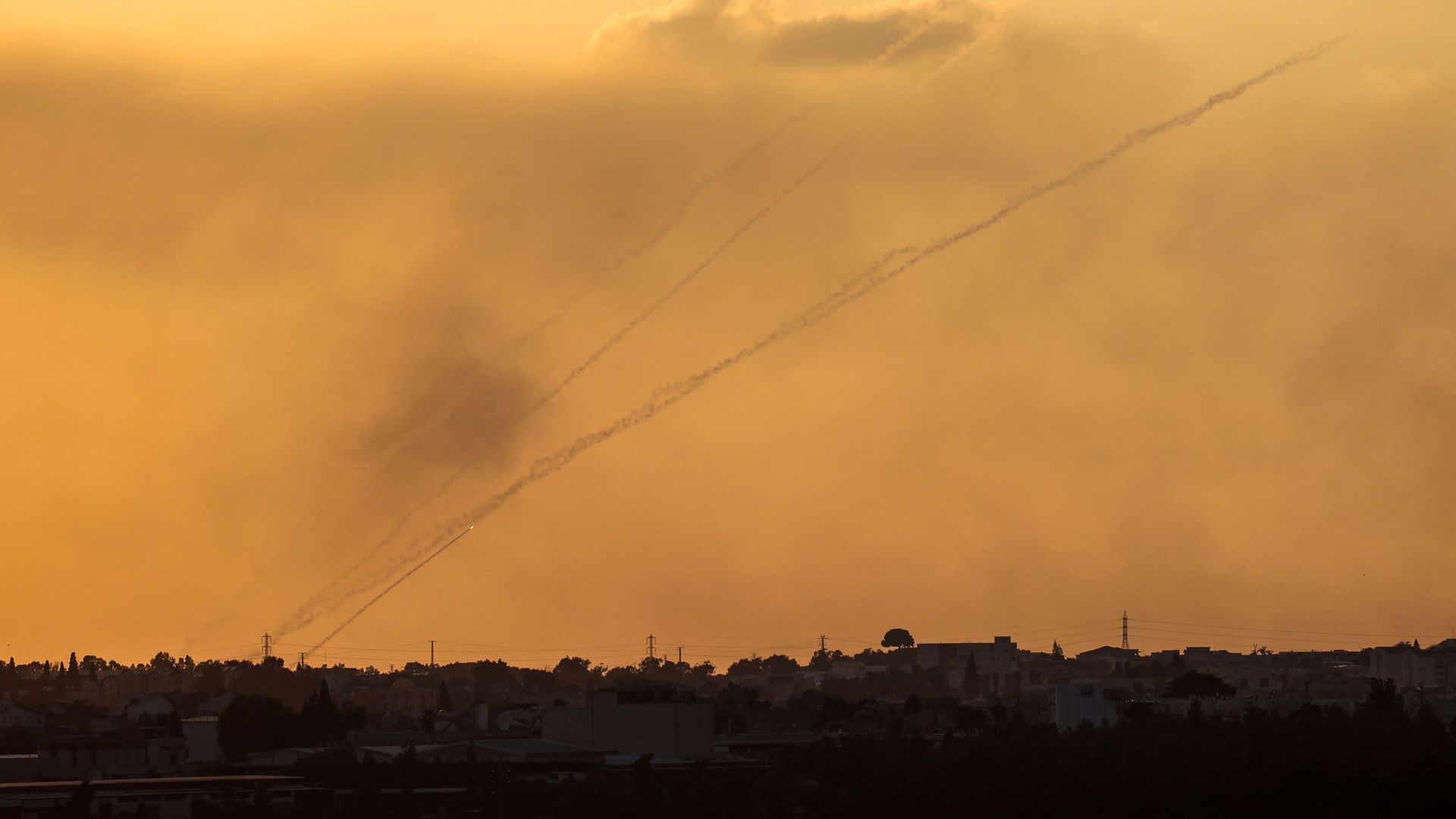 A photo taken in southern Israel shows a salvo of rockets fired from Gaza toward Israel on October 12, 2023.