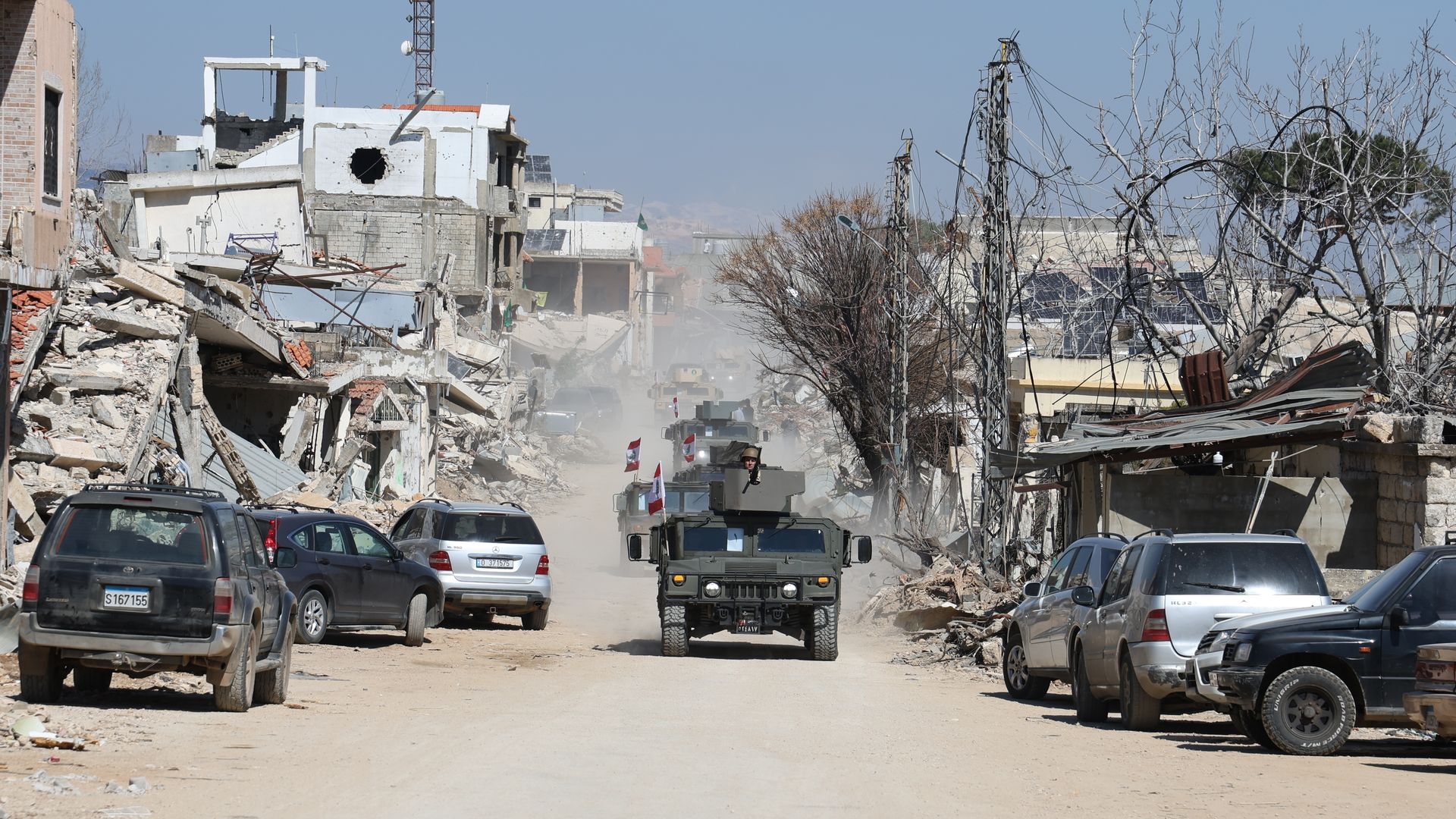 Lebanese Army vehicles are seen passing through the heavily damaged streets of Sour (Tyre), a southern region of Lebanon that has been affected by Israeli attacks