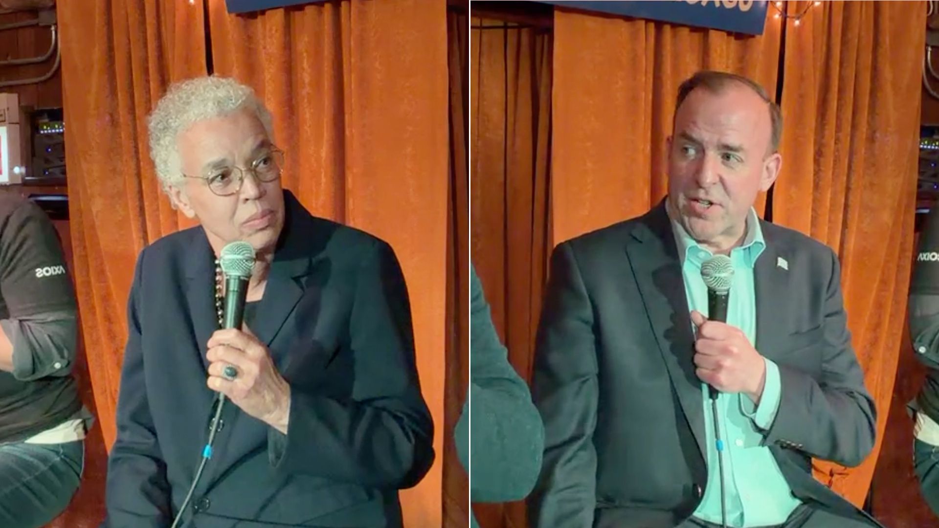 Split image of two panelists on an orange-curtain stage: left, an older woman with white hair and glasses holding a microphone; right, a man in a dark blazer with a mint shirt, speaking into a mic.