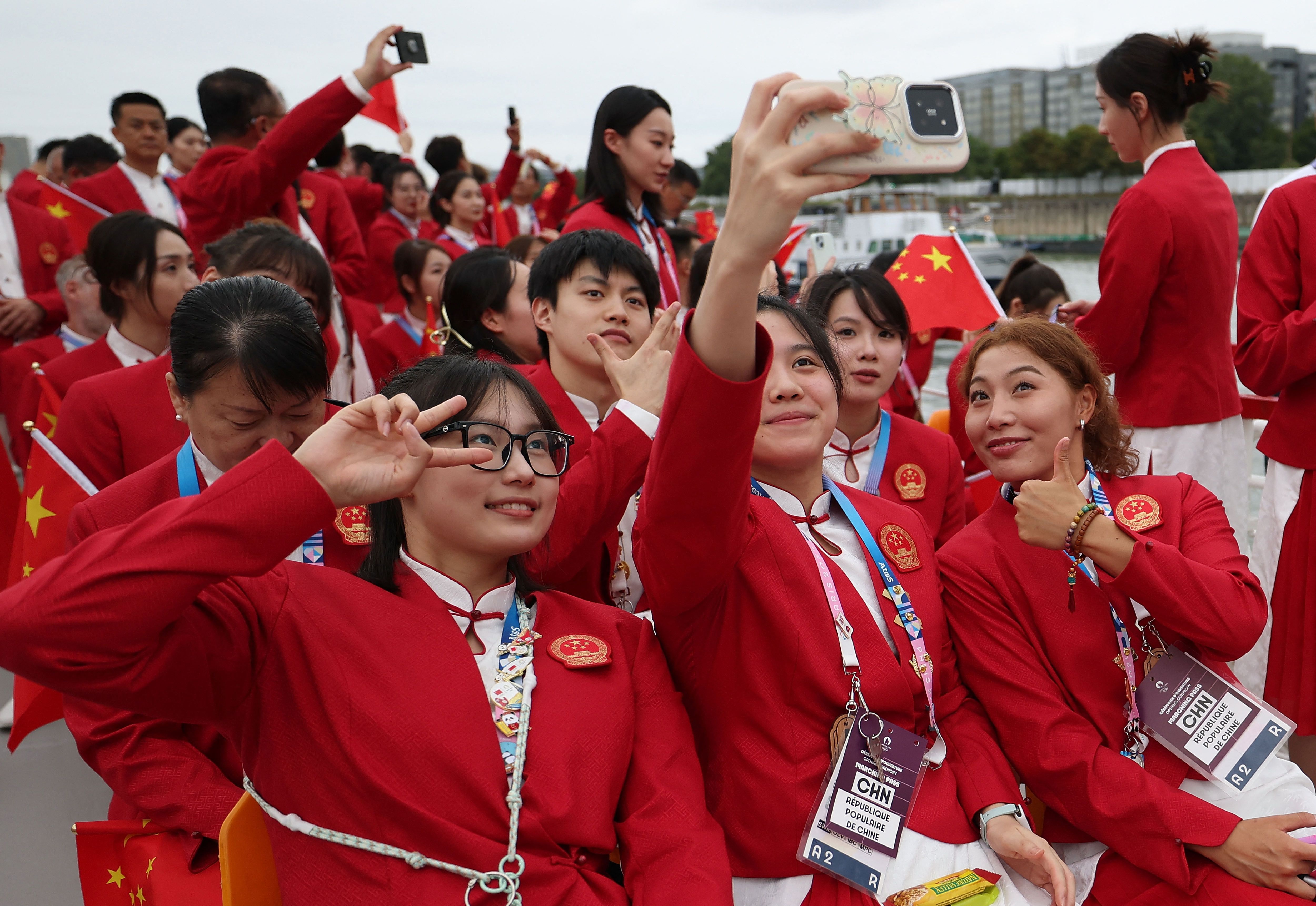 Members of the Chinese delegation are seen ahead of the opening ceremony of the Paris 2024 Olympic Games in Paris, France, July 26, 2024. (Photo by Cao Can / POOL / AFP) (Photo by CAO CAN/POOL/AFP via Getty Images)
