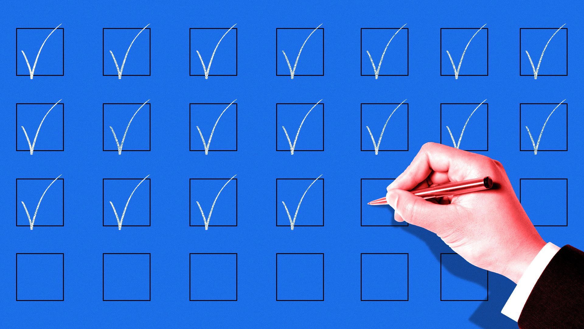 Illustration of a pattern of checkboxes filled with checkmarks, with a hand that's about to fill an empty checkbox