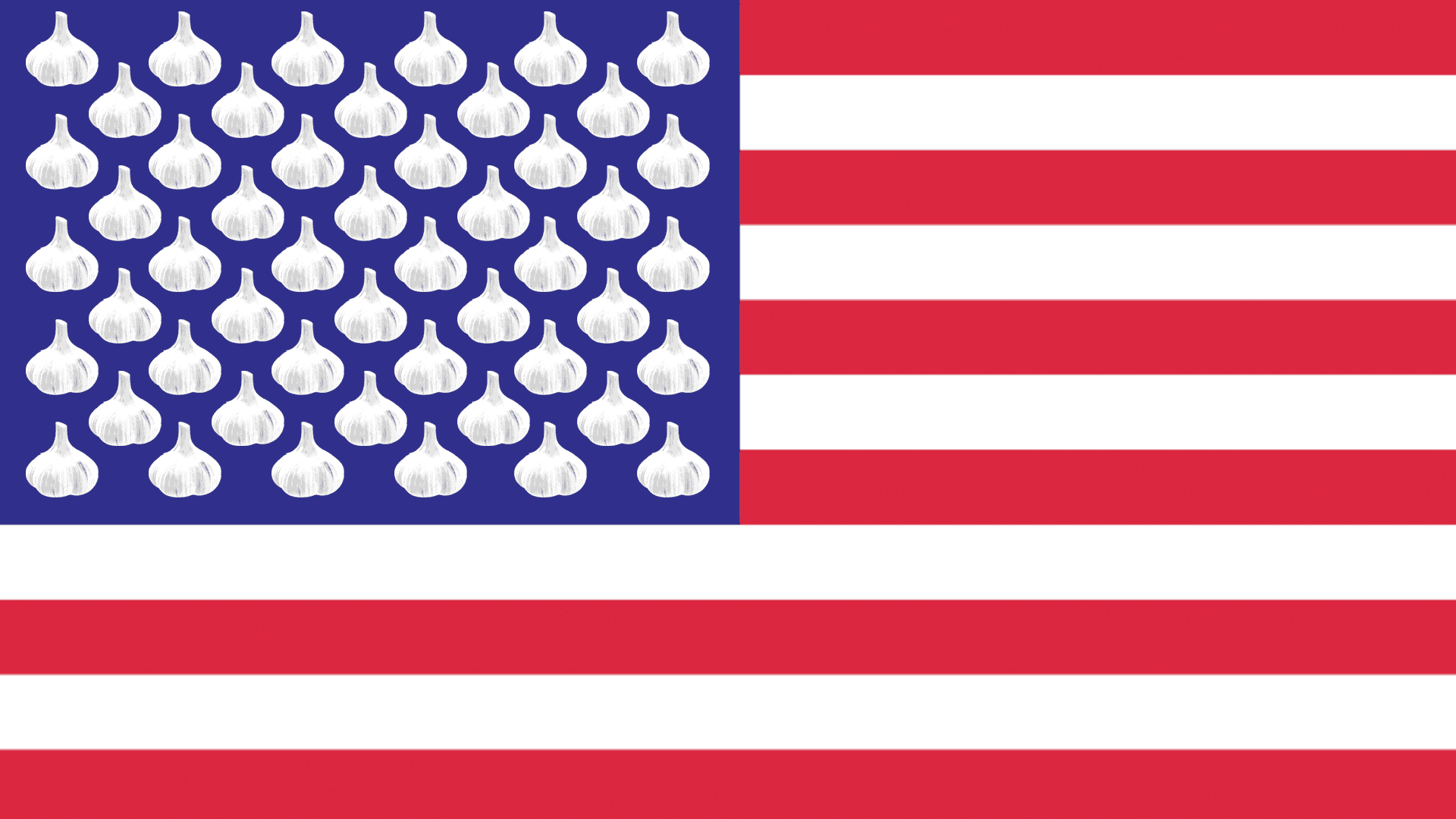 Animated illustration of American flag with 50 garlic cloves moving around