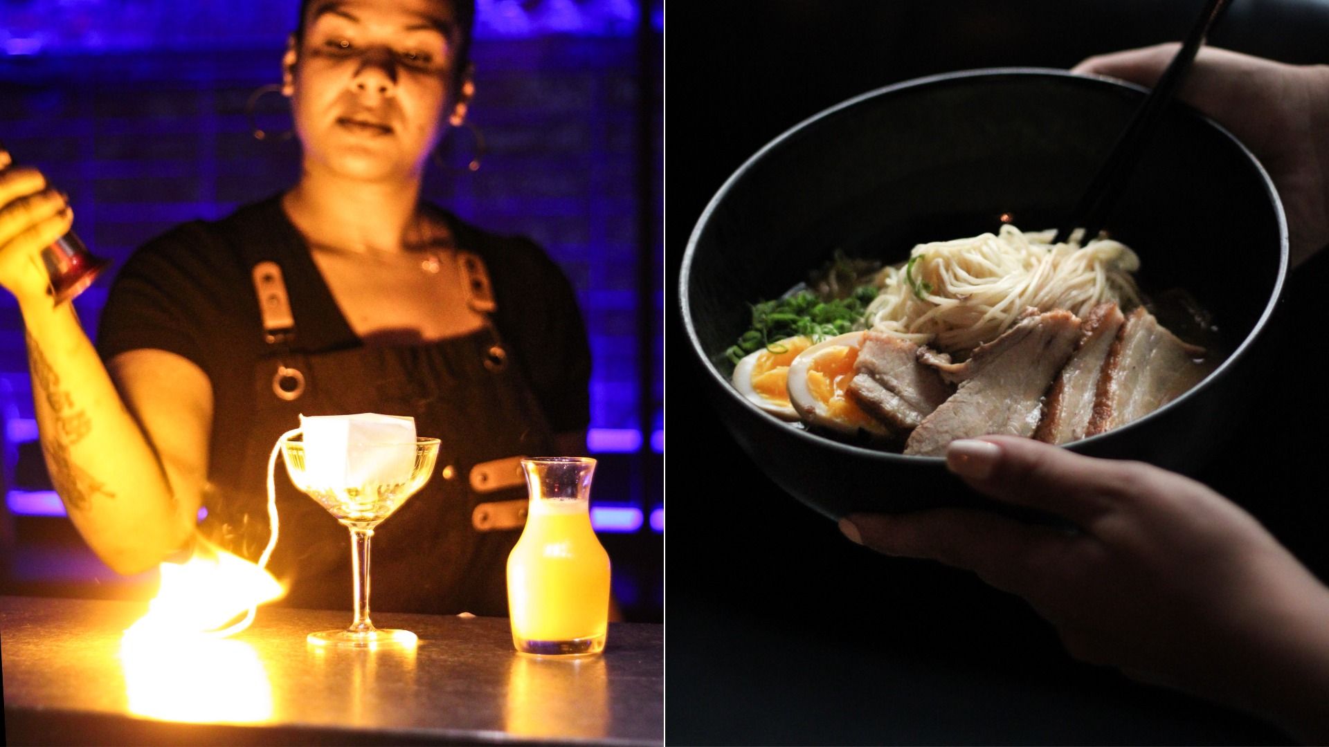 Left: bartender in black with apron ignites a flaming cocktail with bright orange flames. Right: hands holding black bowl with ramen noodles, pork slices, egg, and greens on dark background.