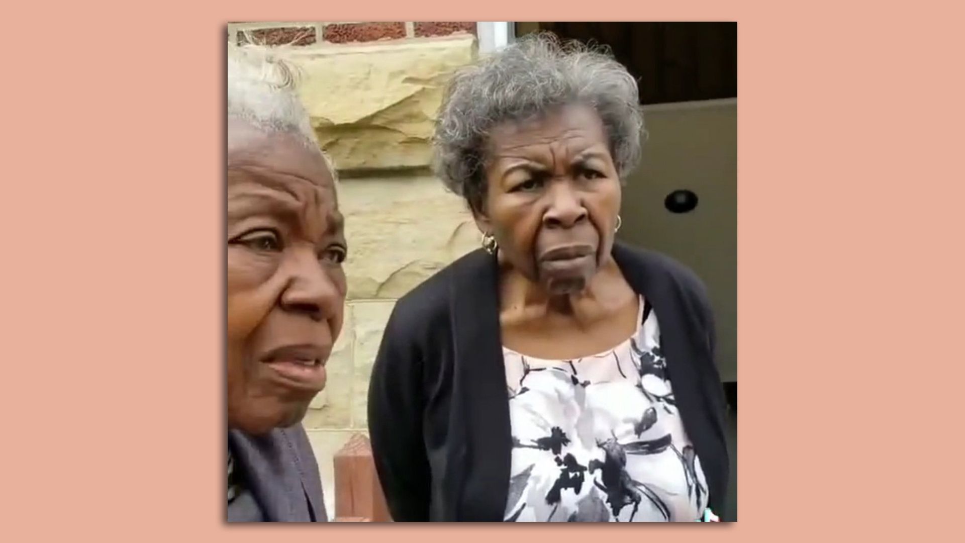 photo of two elderly women standing in a circle talking about potato salad