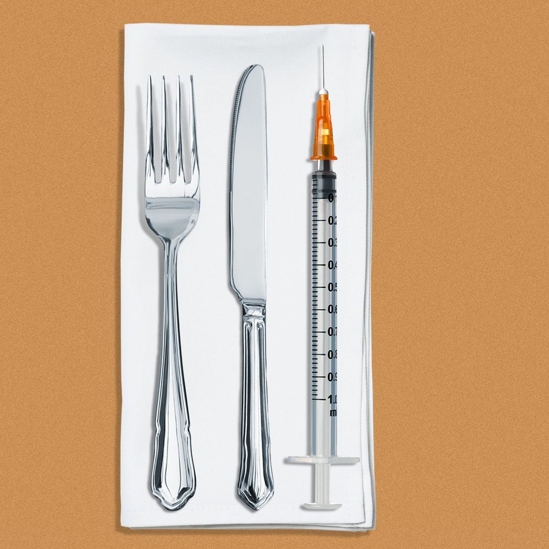 Illustration of a fork, knife and syringe on a napkin.