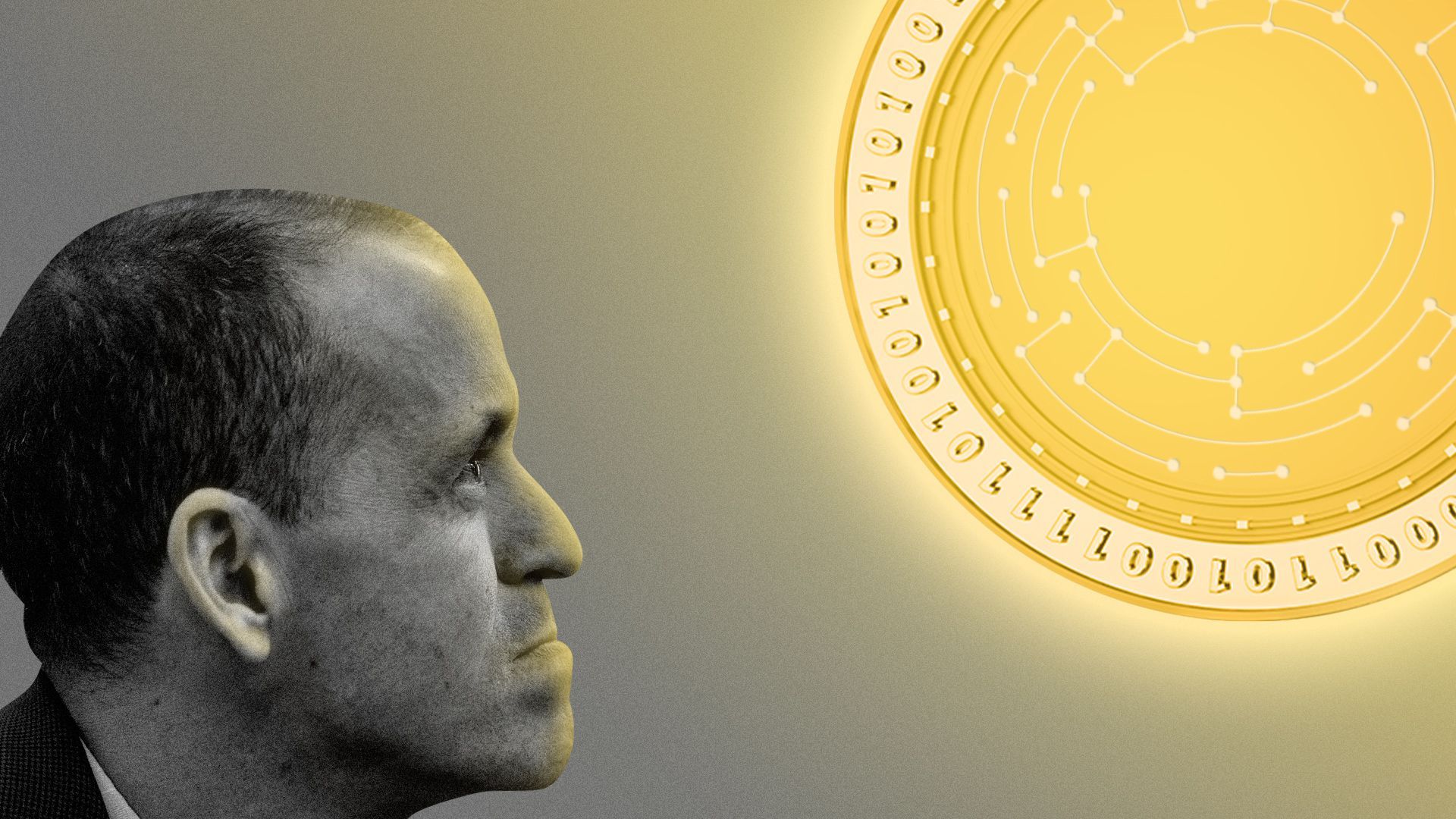 Photo illustration of Chris Lehane looking up at a glowing crypto coin.