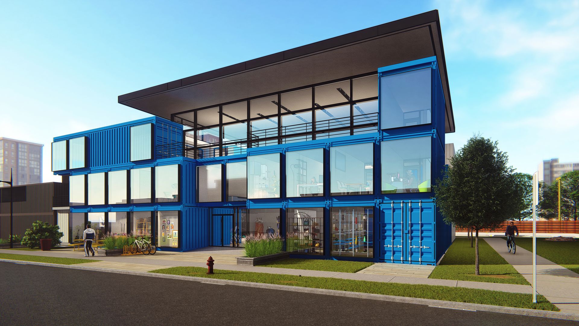 A rendering shows a three-story building made out of blue shipping containers.