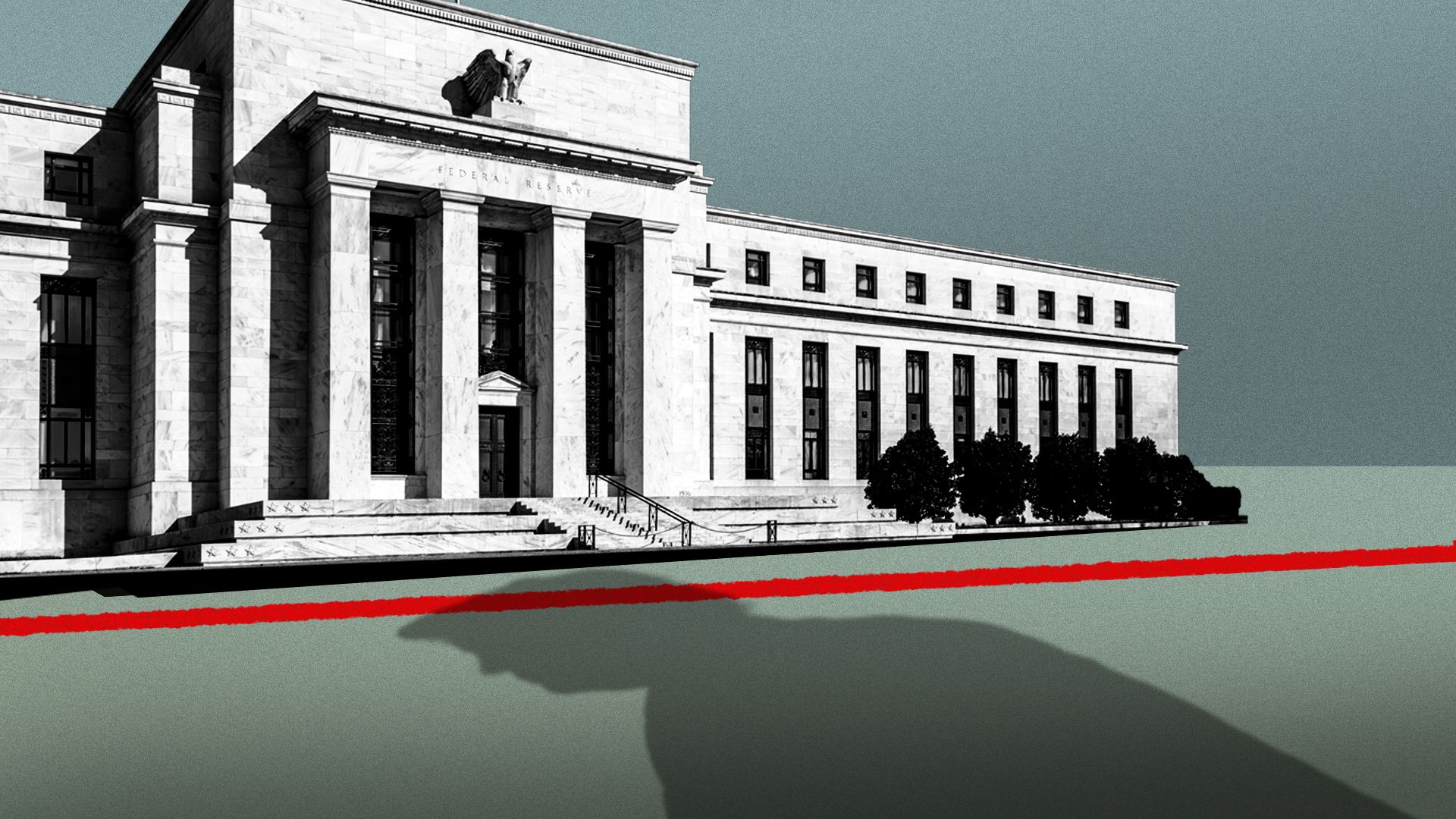 Illustration of the Federal Reserve building with a red line in front of it and a shadow of President Trump