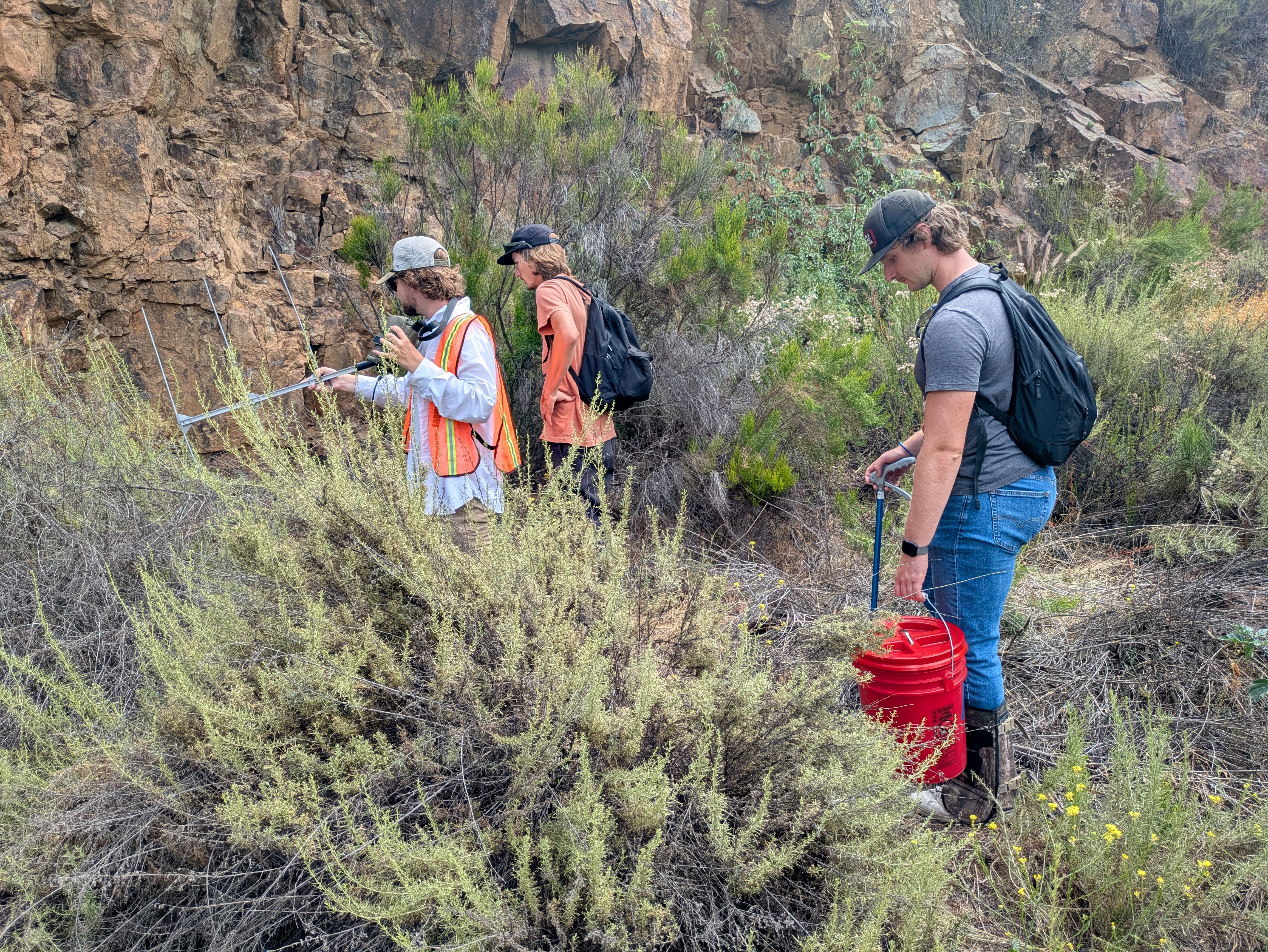 Three people in outdoor gear stand by a brown rocky cliff, examining a metal surveying frame. One wears an orange safety vest, another has a backpack, the third a cap; a red container sits nearby.