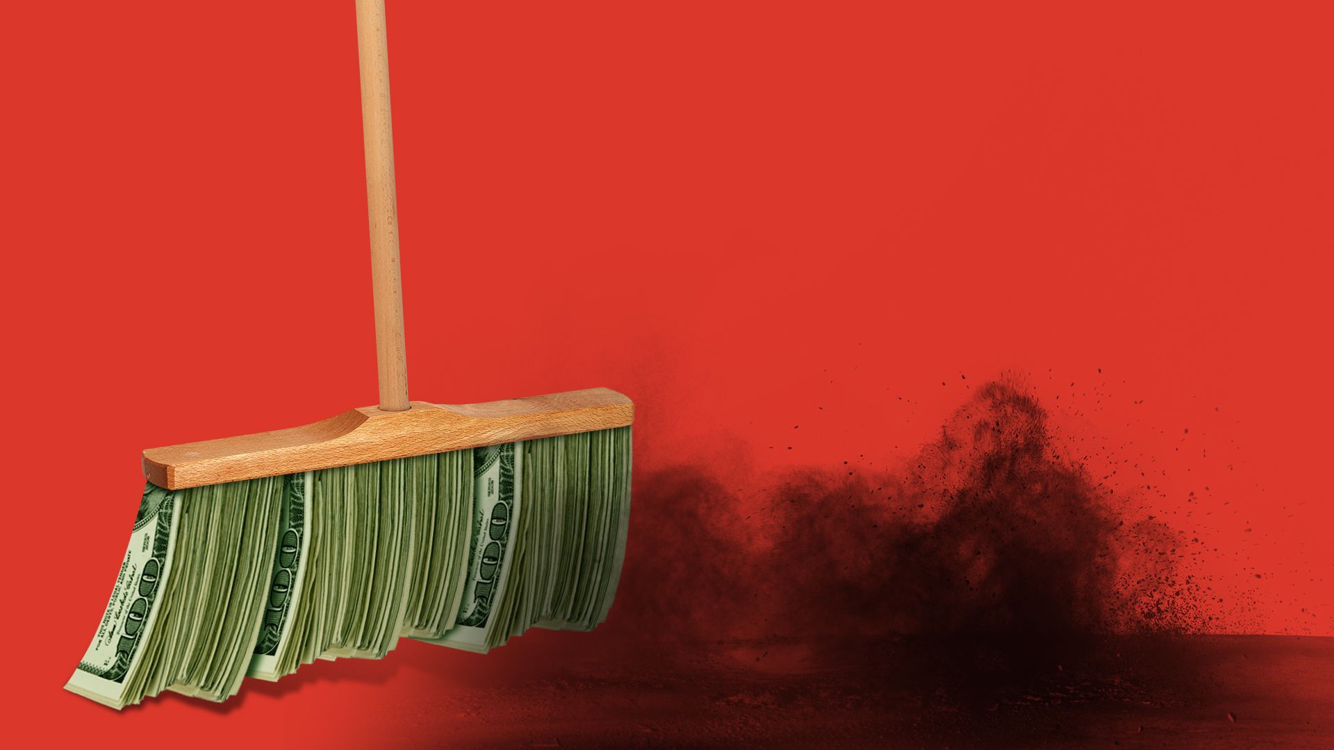 Illustration of a broom made of hundred dollar bills sweeping coal dust