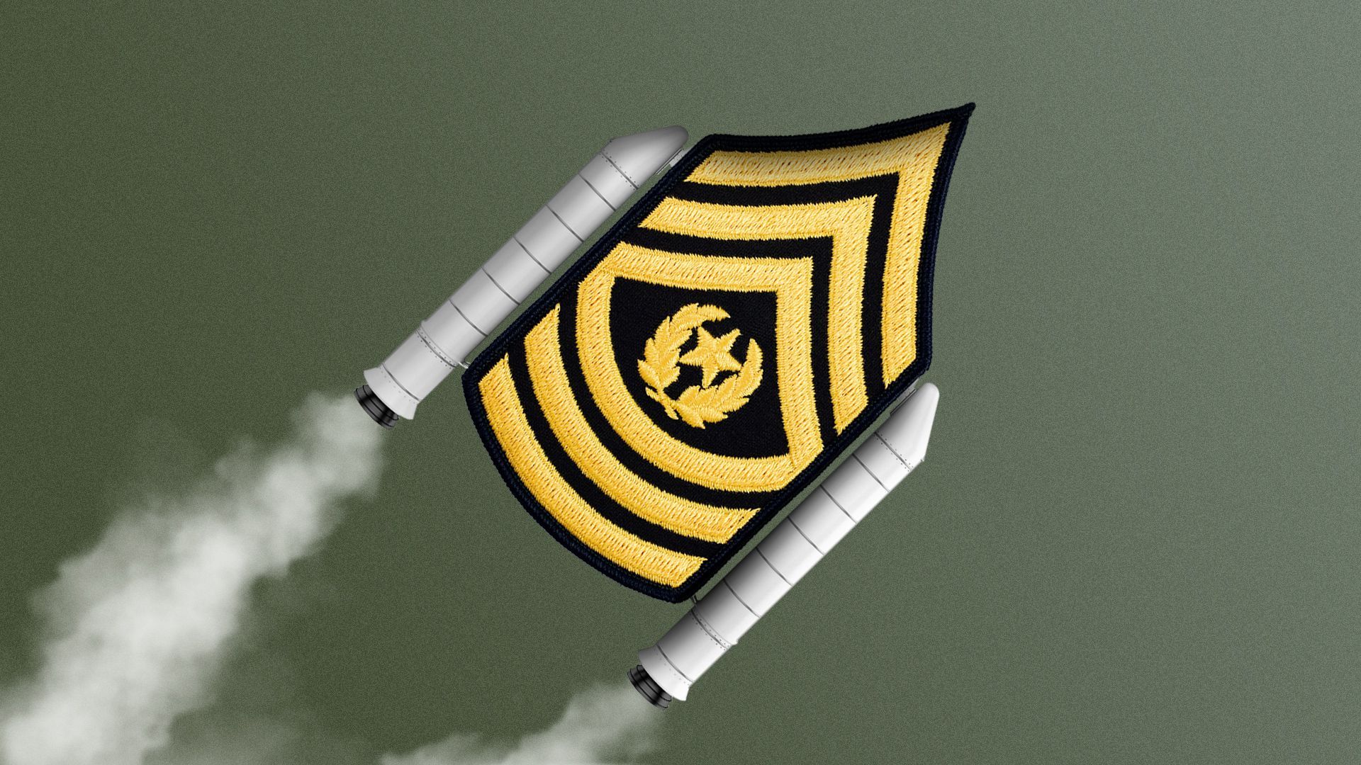 Illustration of a sewn military badge fashioned as a rocket. 
