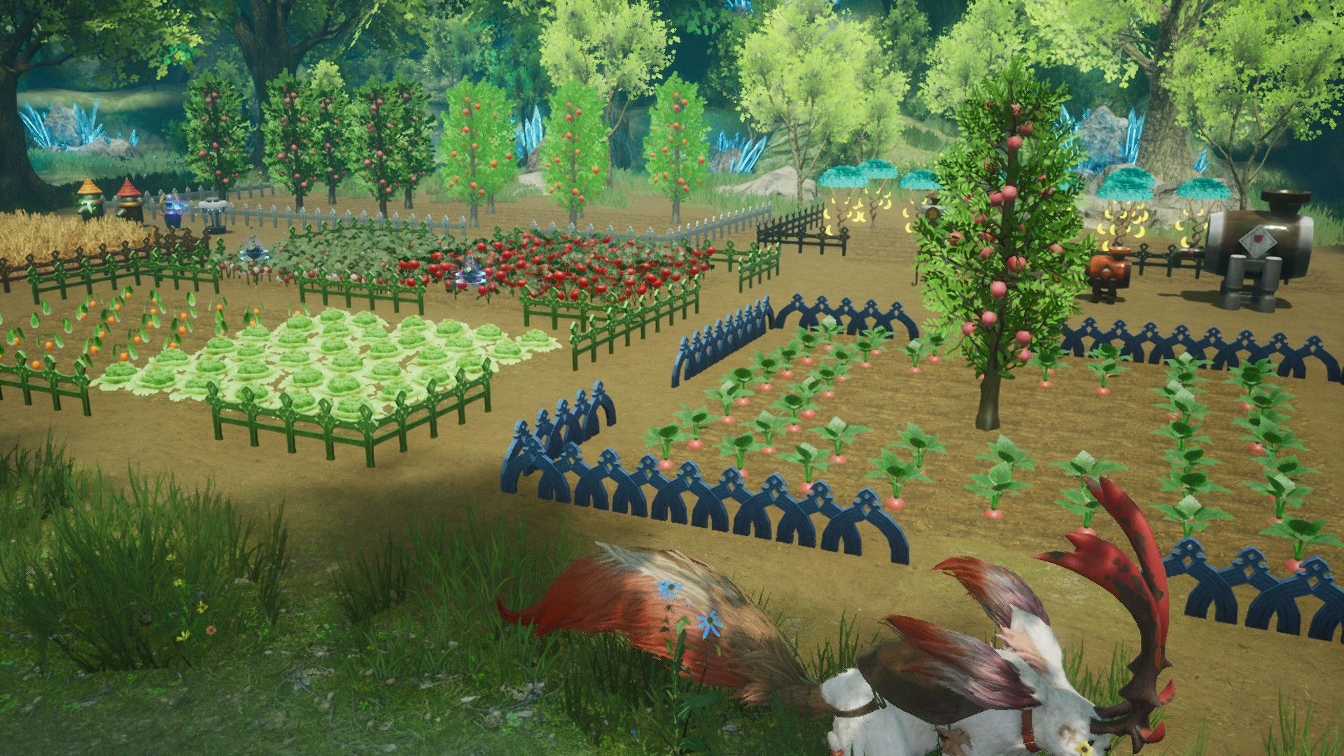 Video game screenshot of a farm full of crops
