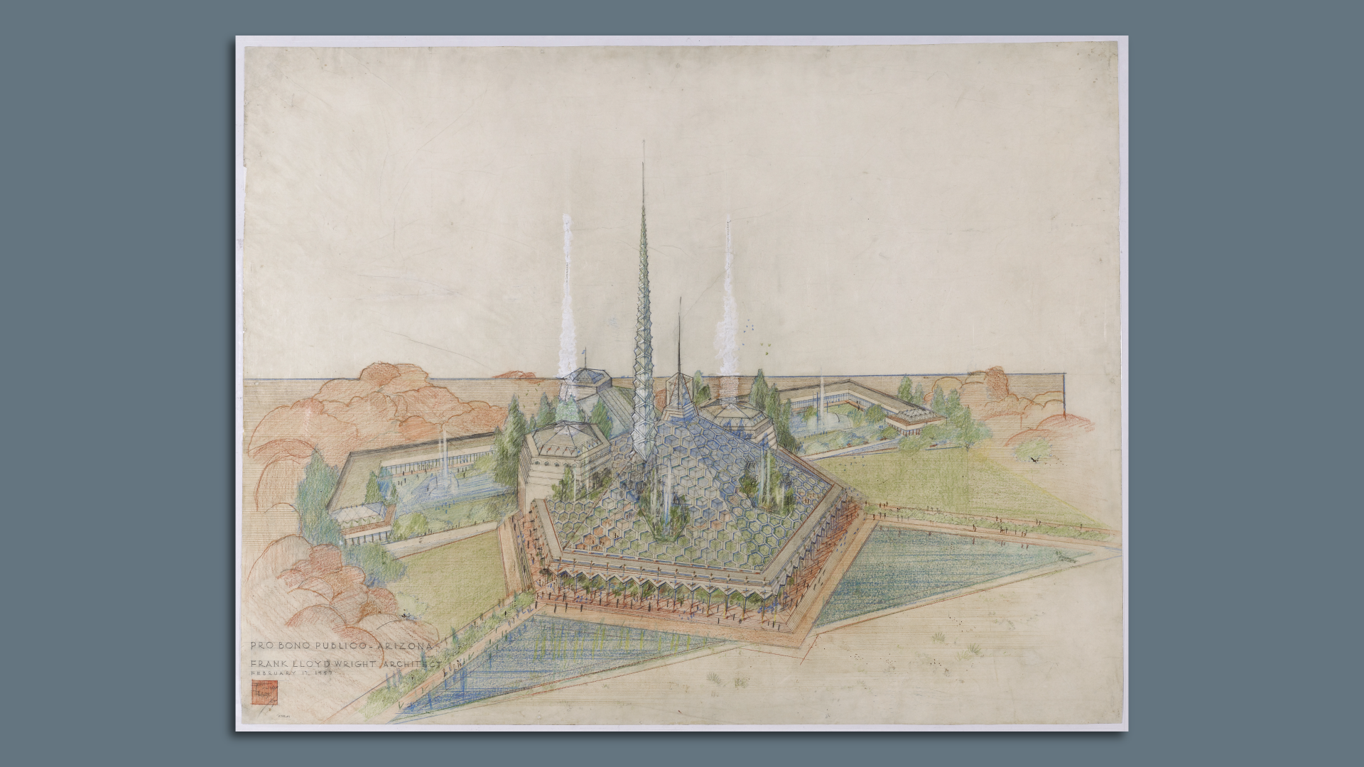An artists rendering of Frank Lloyd Wright's proposed state capitol complex for Arizona. 