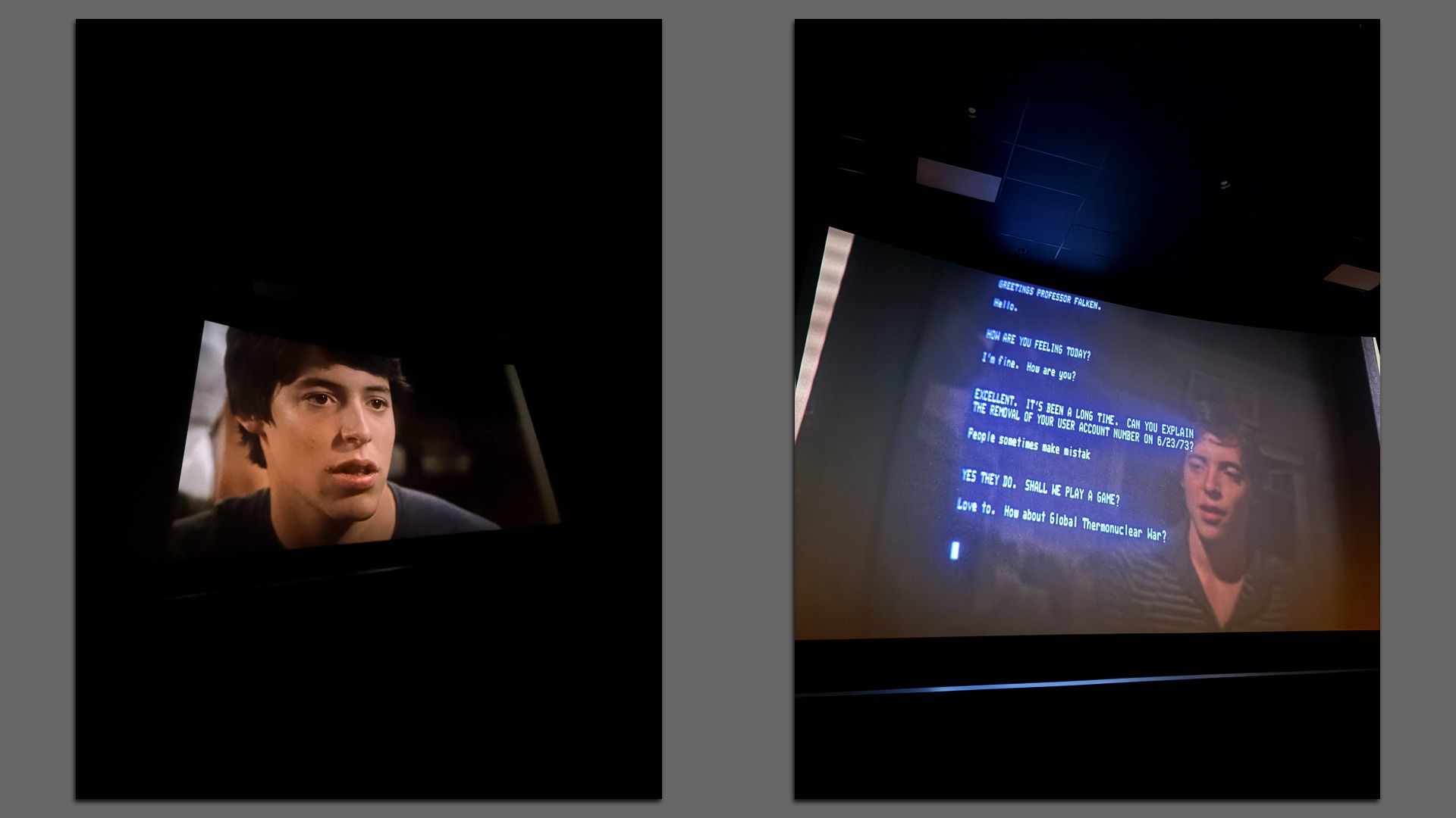 Two screens showing Matthew Broderick in WarGames. The right screen also shows a computer dialogue about a "game" called Global Thermonuclear War.