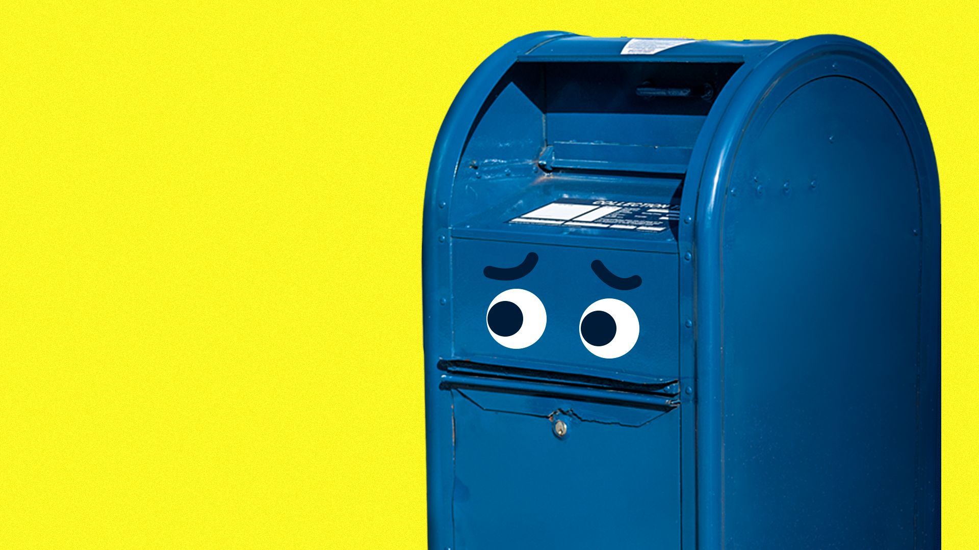 Illustration of a USPS mailbox with scared eyes.