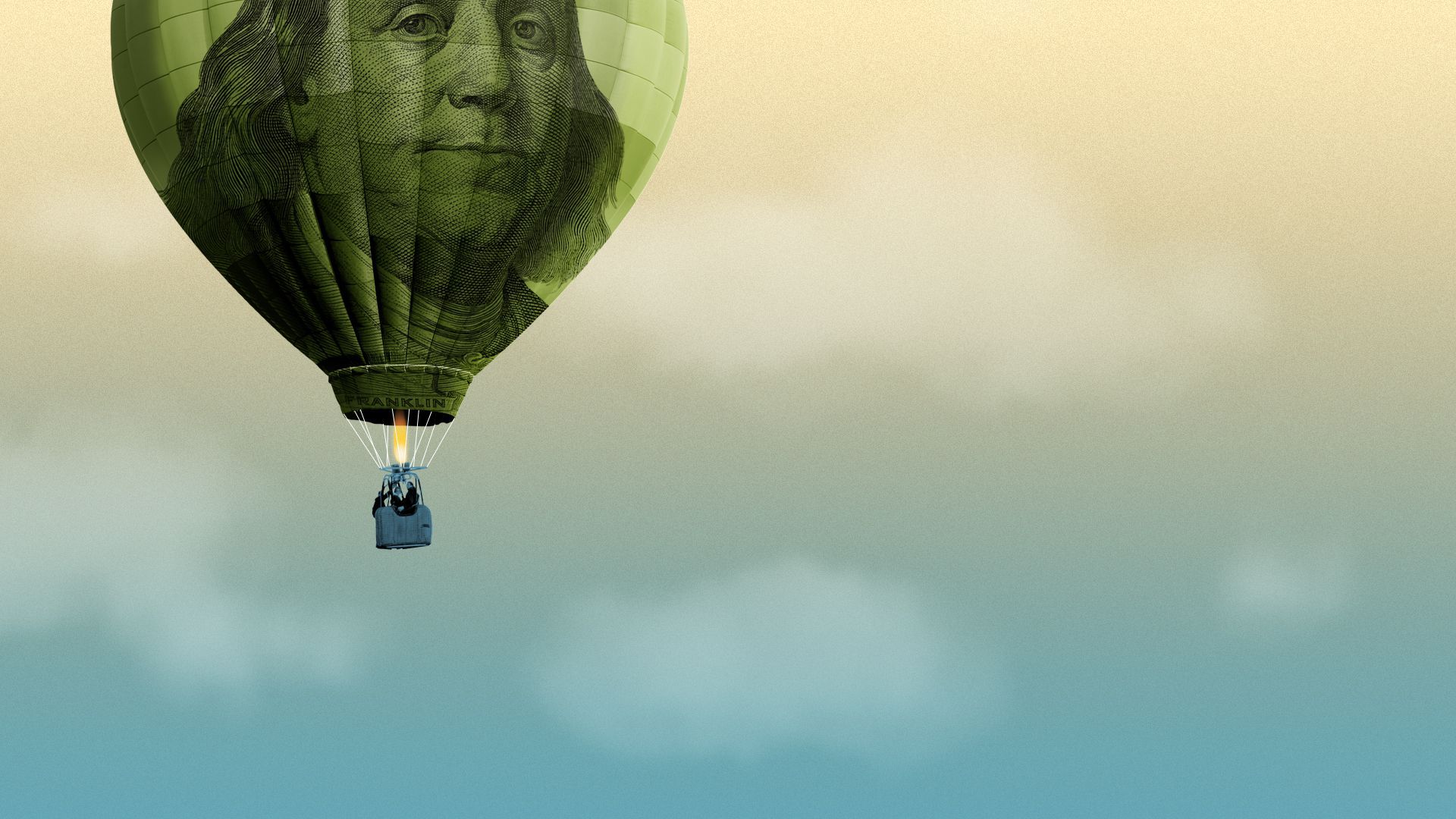 Illustration of a hot air balloon with Benjamin Franklin on it