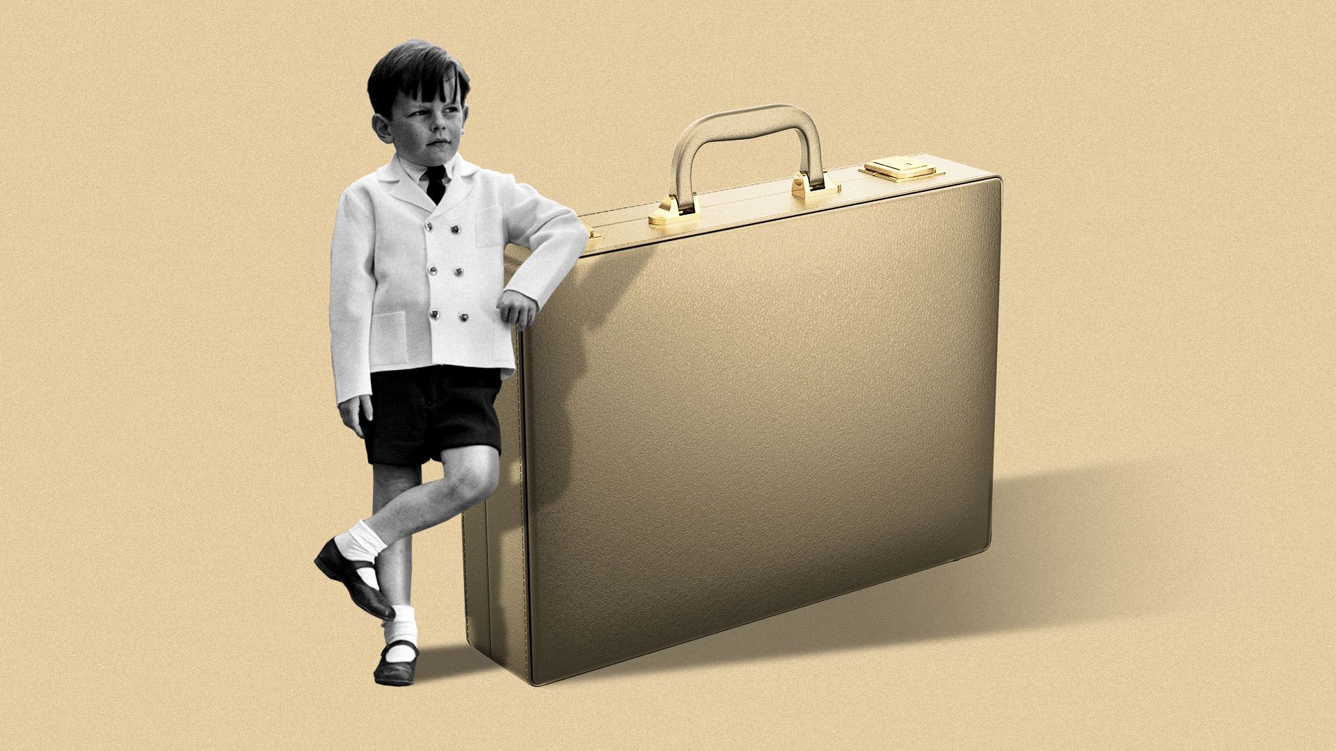 Illustration of an archival image of a boy in fancy clothes leaning up against a giant suitcase