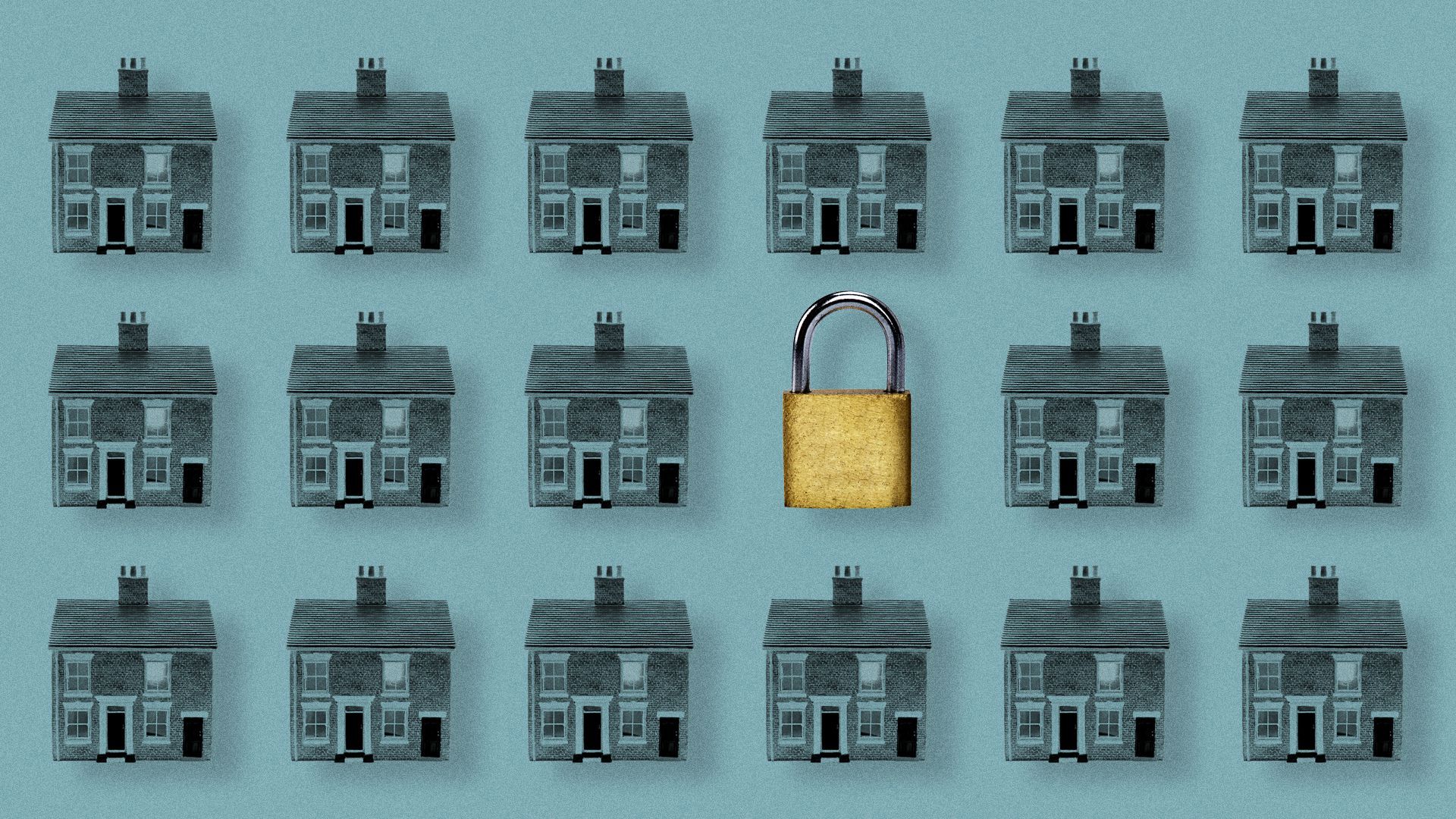 Illustration of three rows of identical houses on a blue background, with one of the houses replaced with a lock.