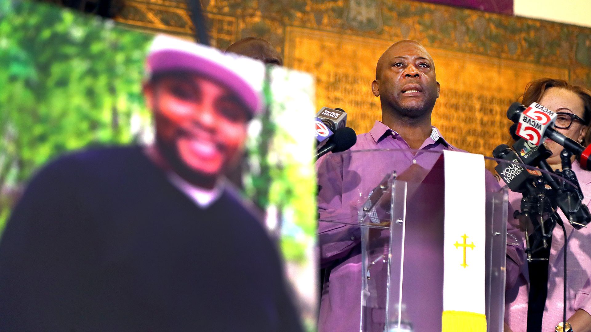 Stephenson King Sr. speaks at a press conference held at the Grant AME Church by attorney Ben Crump and members of the King family in April, as a photo of his son, Stephenson King Jr., is on display after he was shot and killed by police.