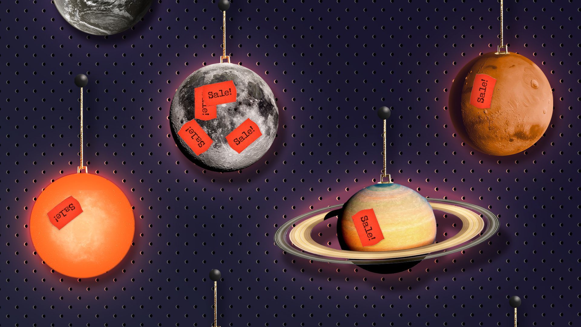 Illustration of planets hanging on a retail shopping rack with sale stickers placed haphazardly