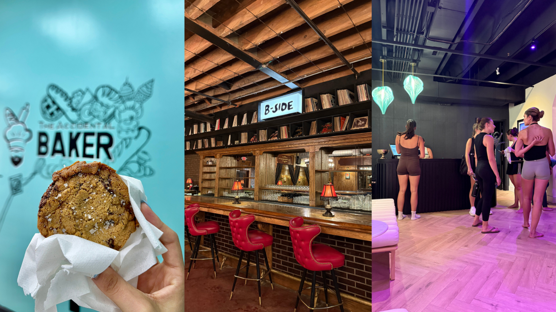 Charlotte's The Accidental Baker (Panetteria Senza); B-Side Sound Bar (Deep Cuts); and Drench (Overflo)— have all rebranded after trademark and naming conflicts. Photos: McKenzie Rankin and Laura Barrero/Axios