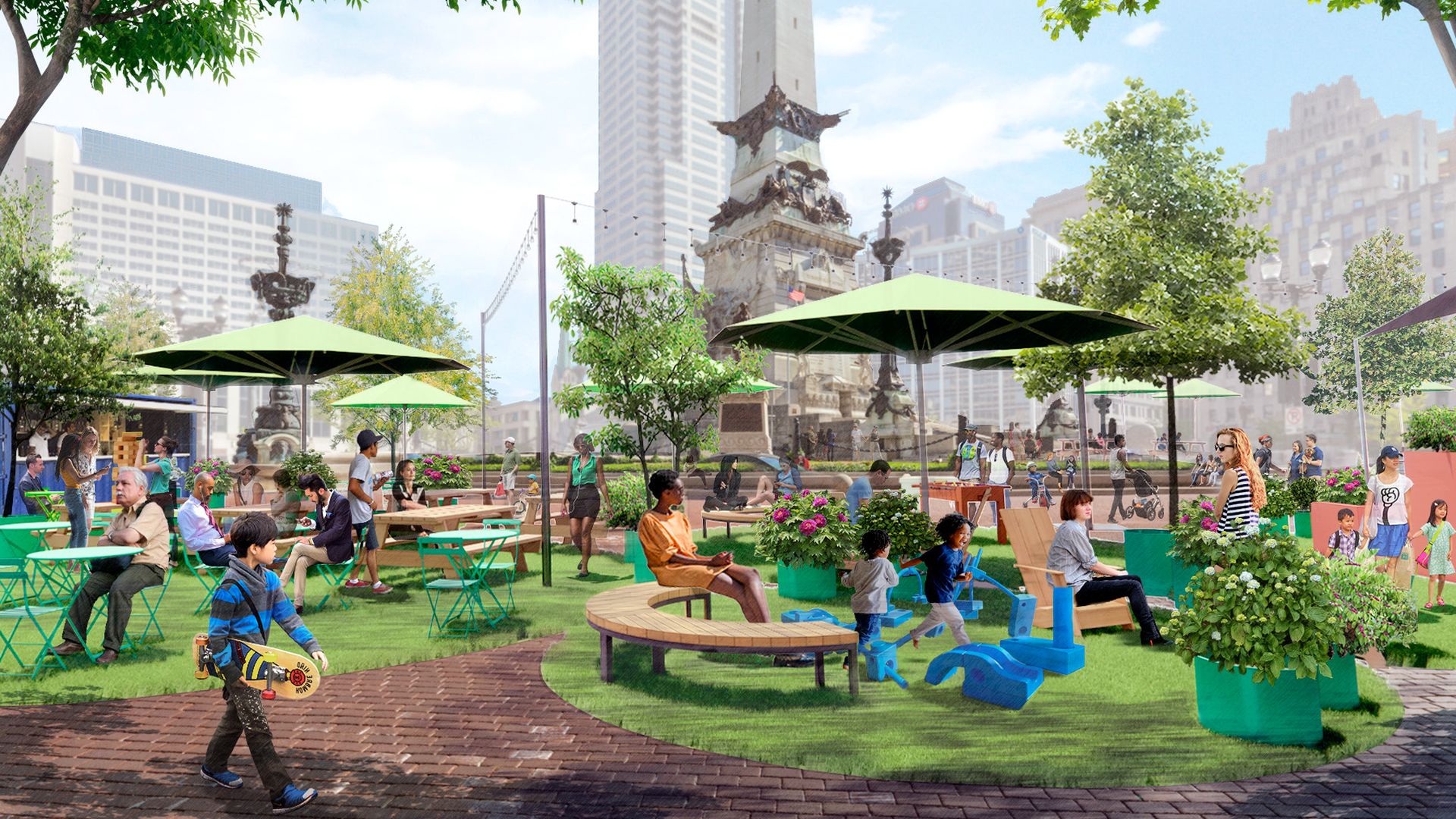 A rendering shows a portion of Monument Circle closed and turned into park space.
